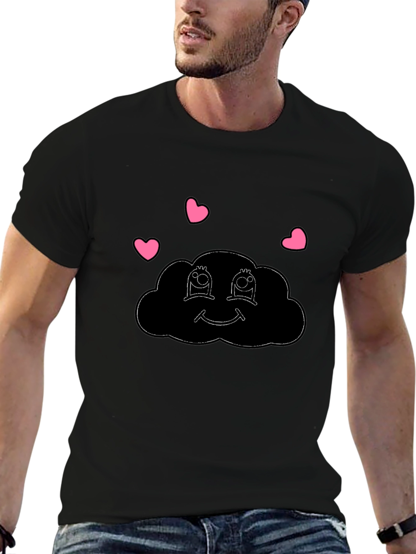 Cute Cartoon Cloud Heart T-Shirt - Black