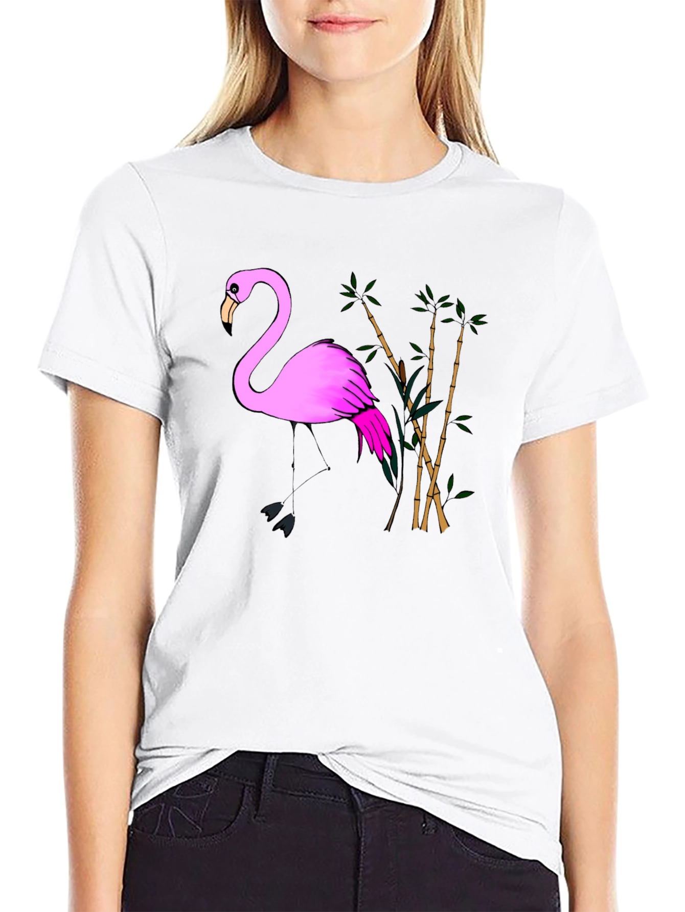 Pink Flamingo & Bamboo Black T-Shirt