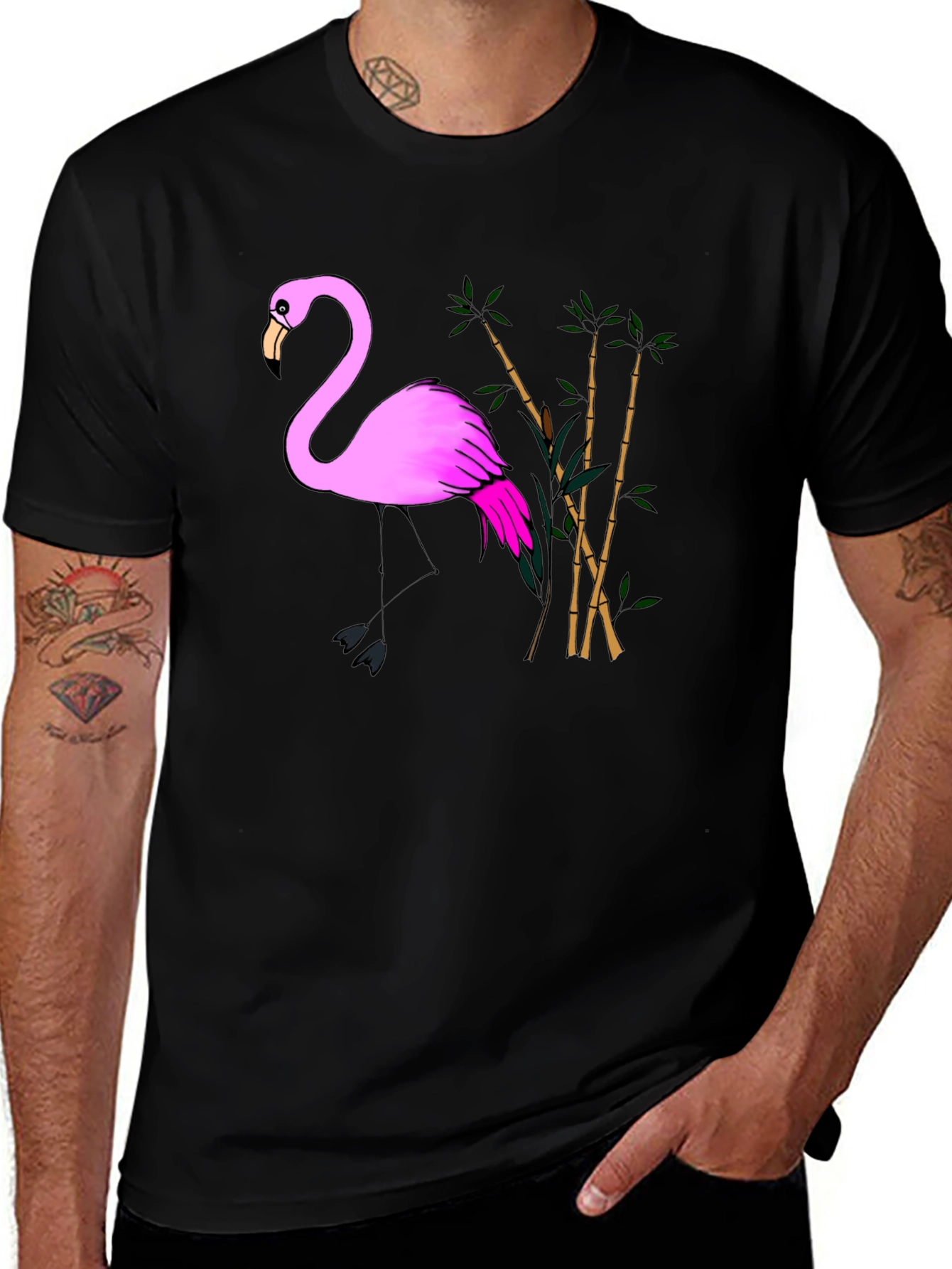 Pink Flamingo & Bamboo Black T-Shirt