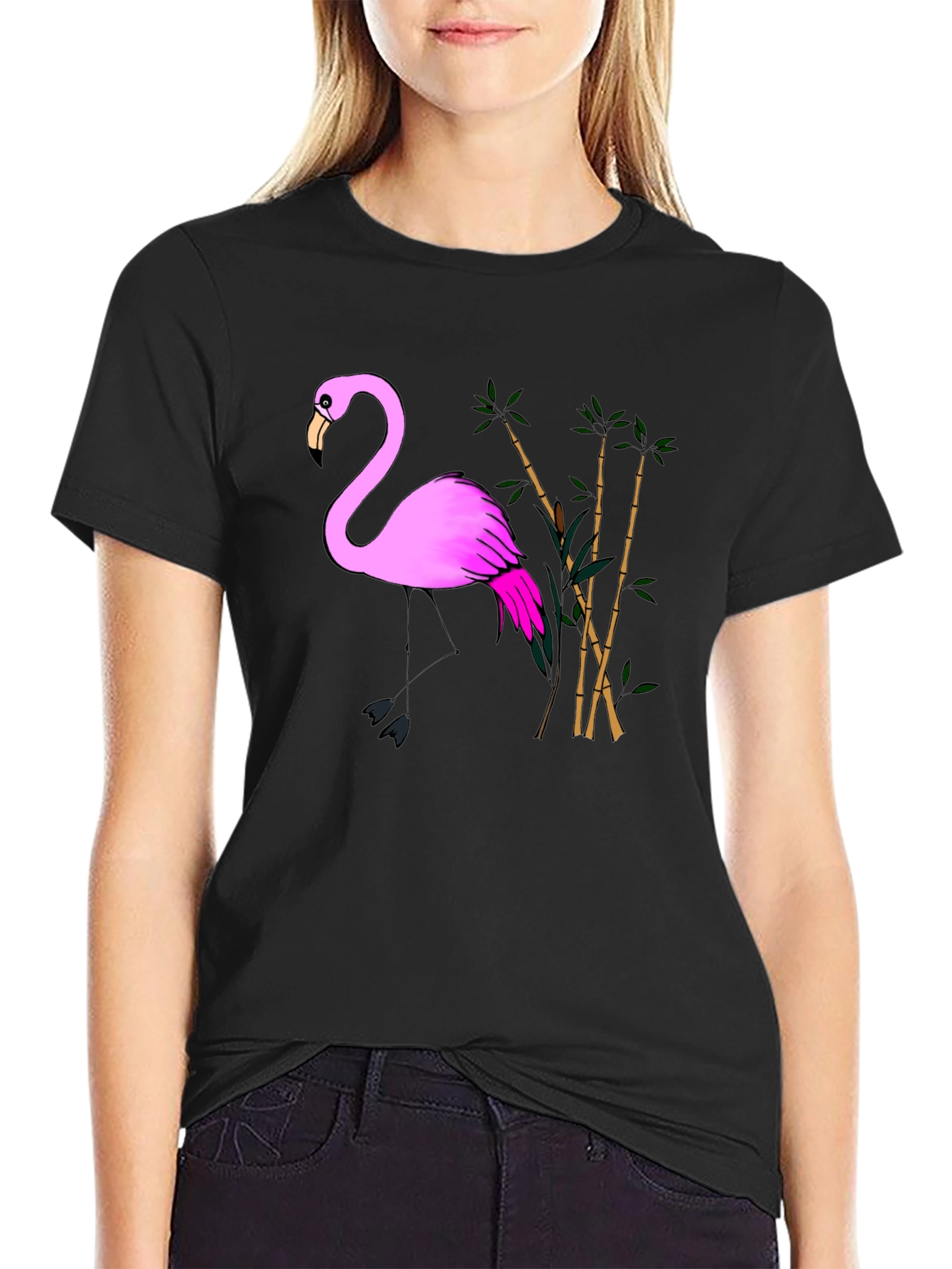 Pink Flamingo & Bamboo Black T-Shirt