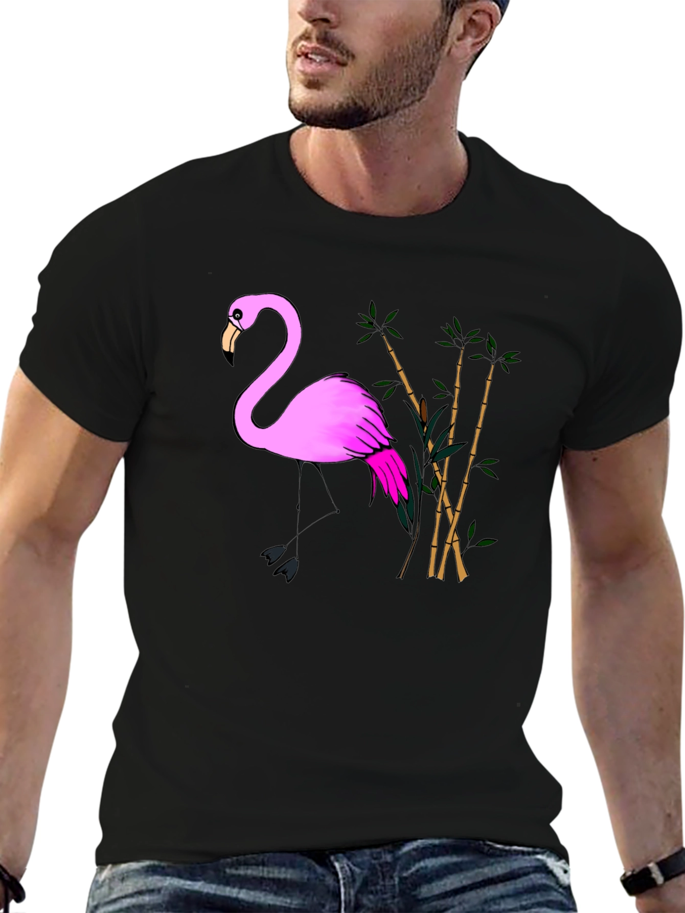 Pink Flamingo & Bamboo Black T-Shirt