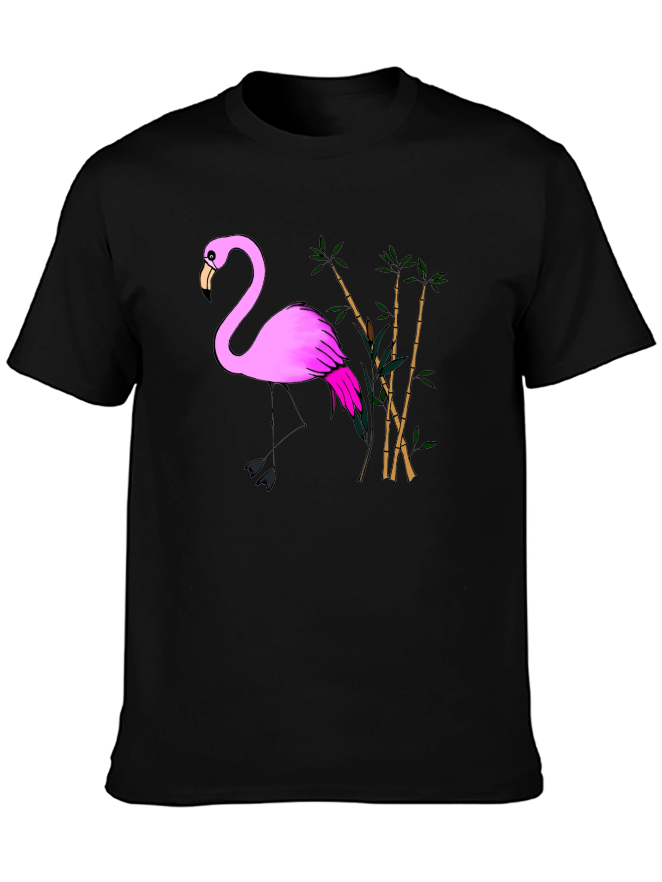 Pink Flamingo & Bamboo Black T-Shirt
