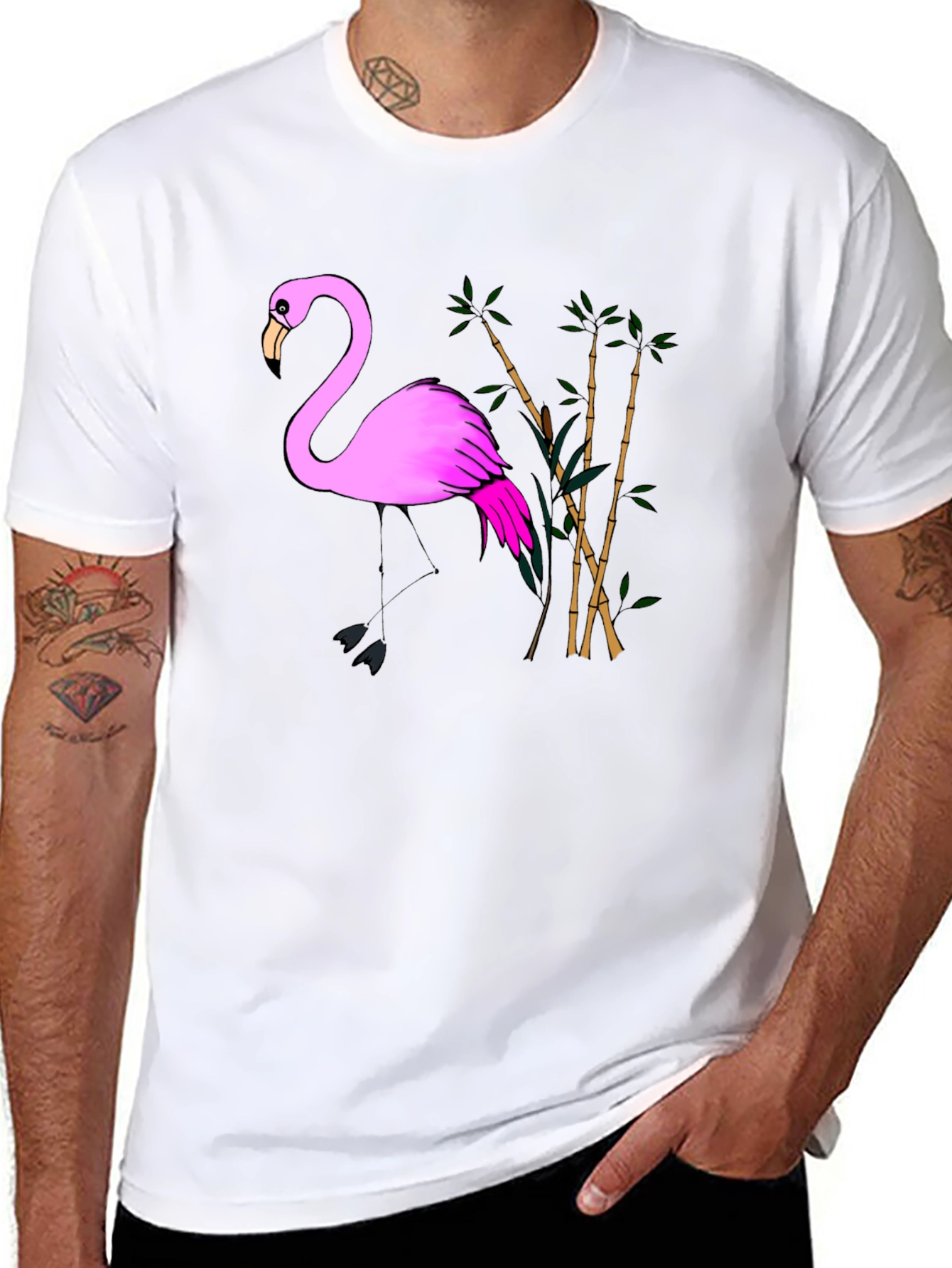 Pink Flamingo & Bamboo Black T-Shirt