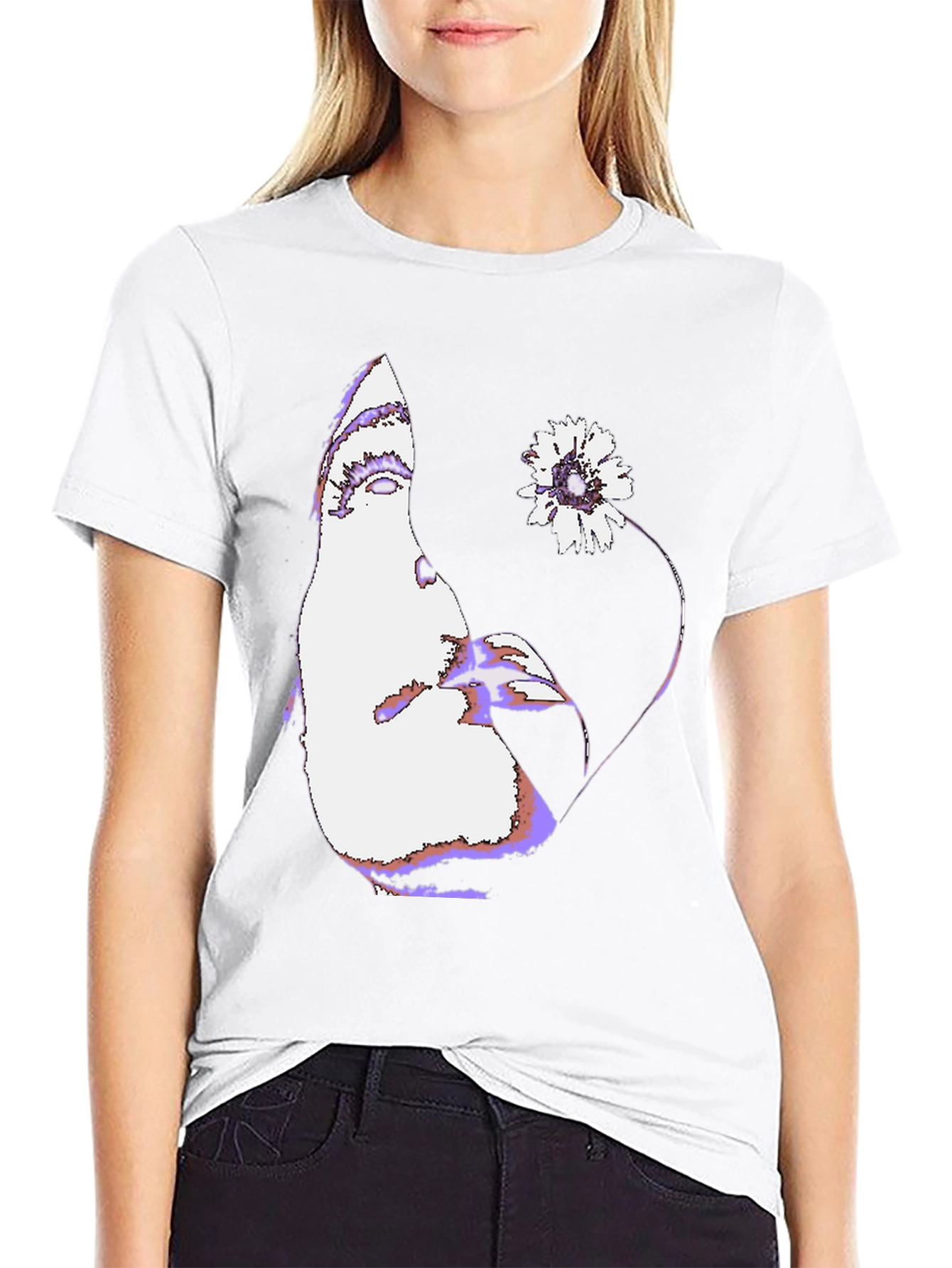 Abstract Face & Flower Graphic Black T-Shirt