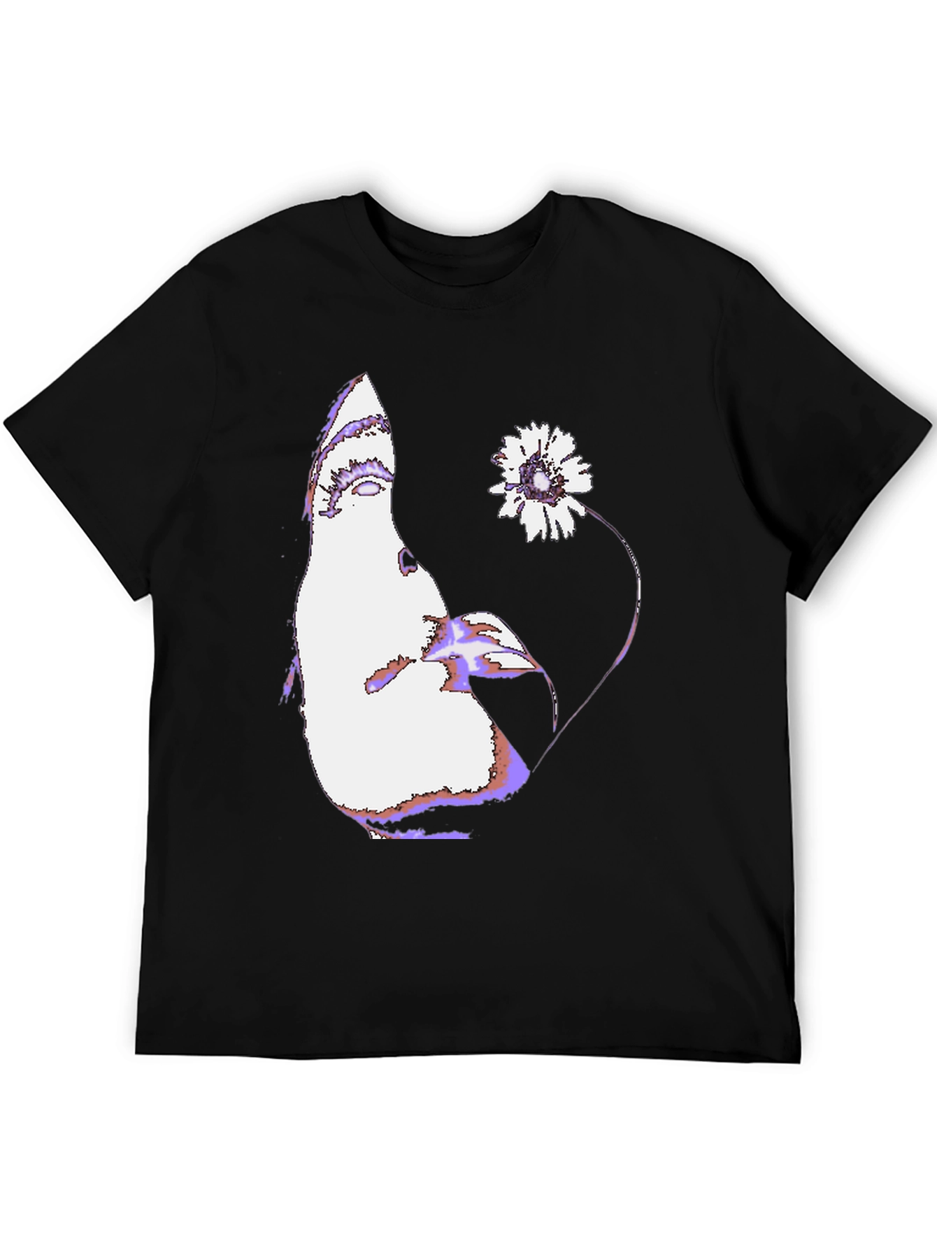 Abstract Face & Flower Graphic Black T-Shirt