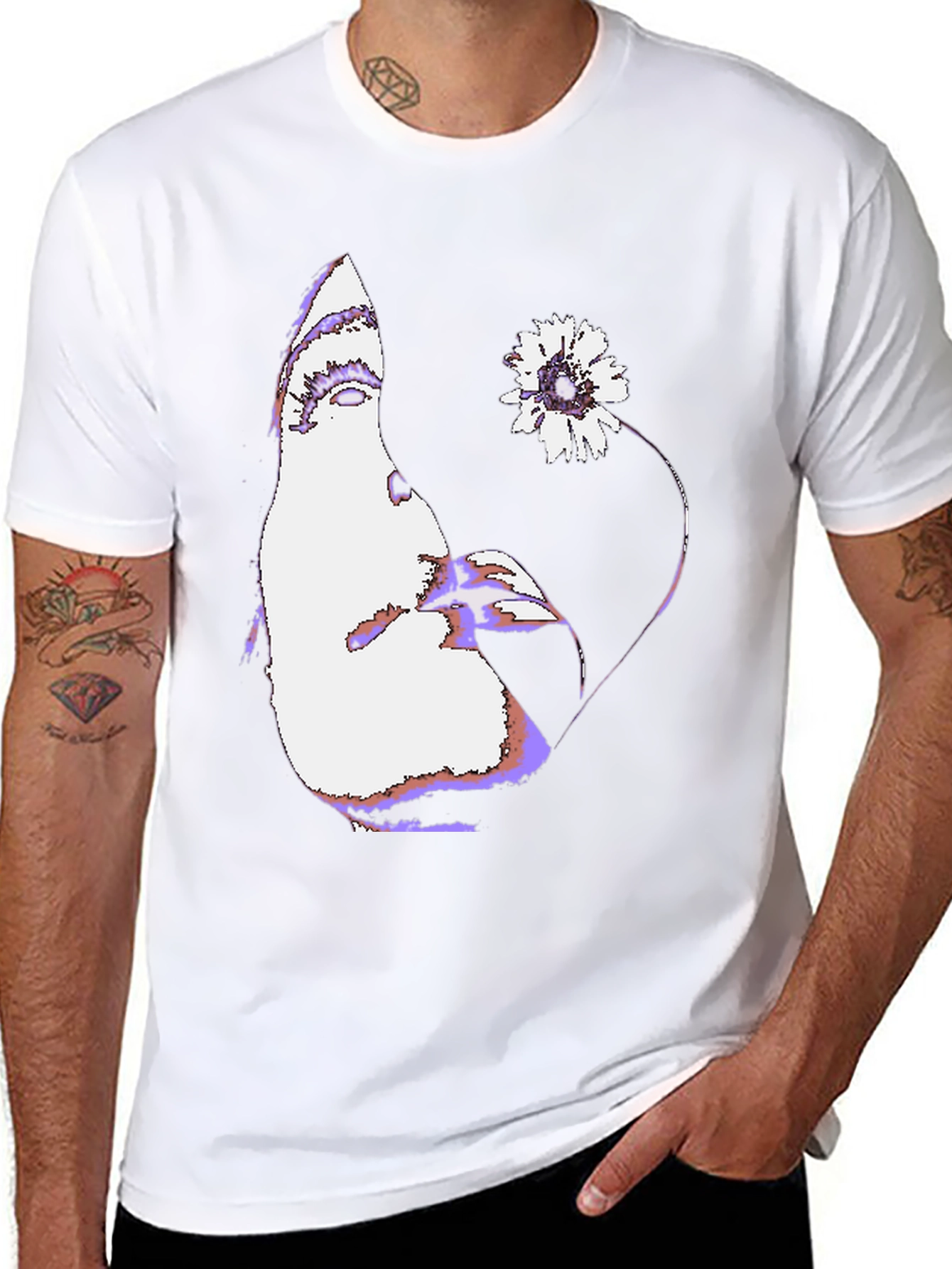 Abstract Face & Flower Graphic Black T-Shirt
