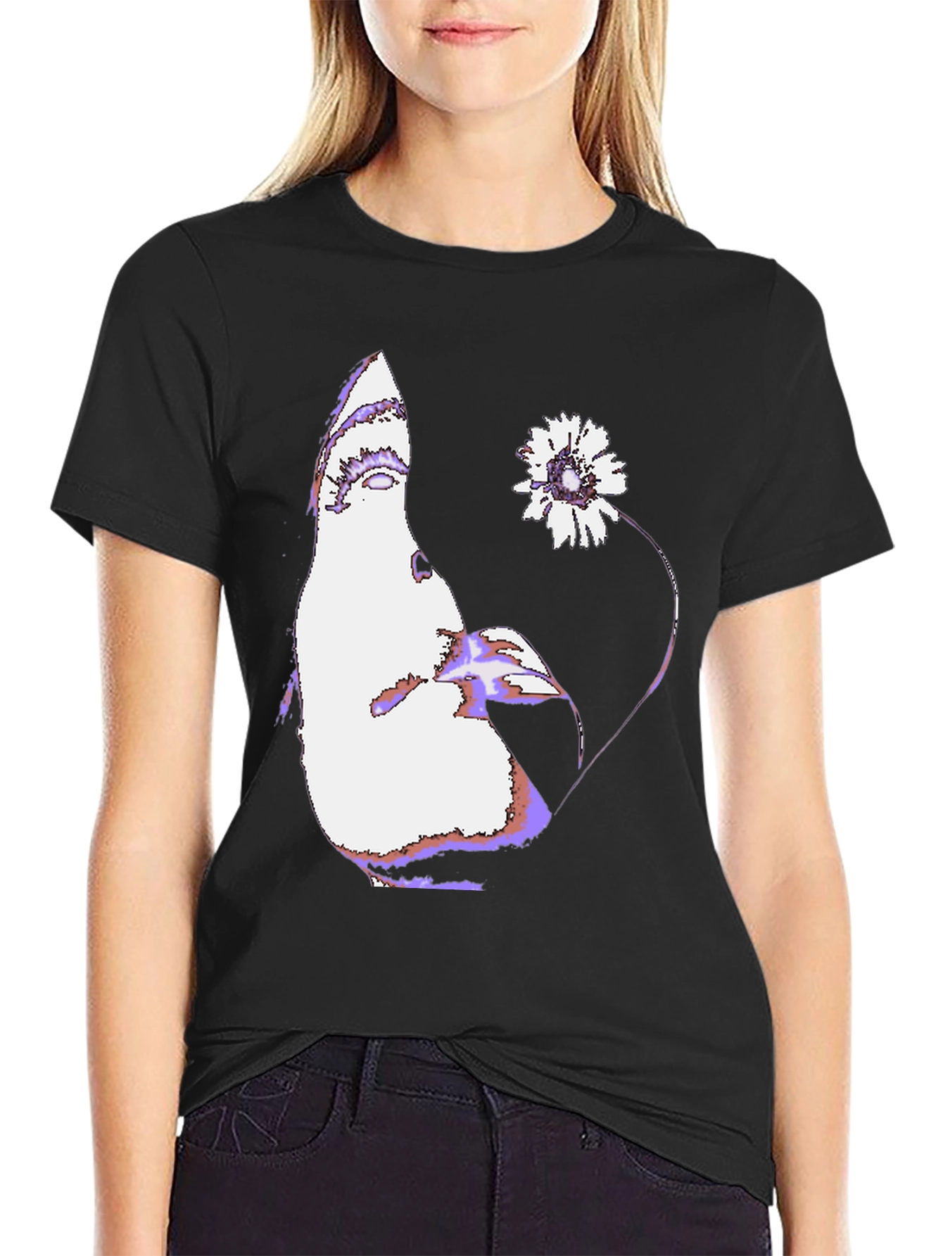 Abstract Face & Flower Graphic Black T-Shirt