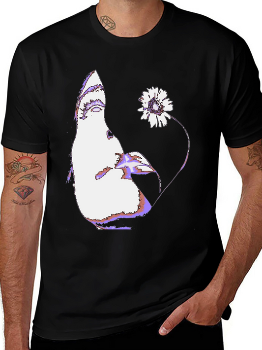 Abstract Face & Flower Graphic Black T-Shirt