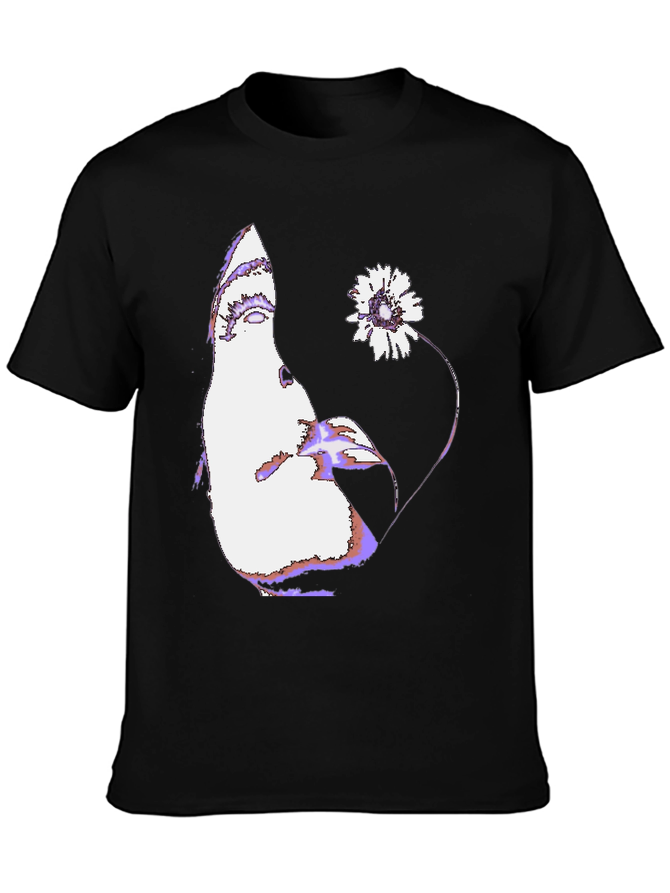 Abstract Face & Flower Graphic Black T-Shirt