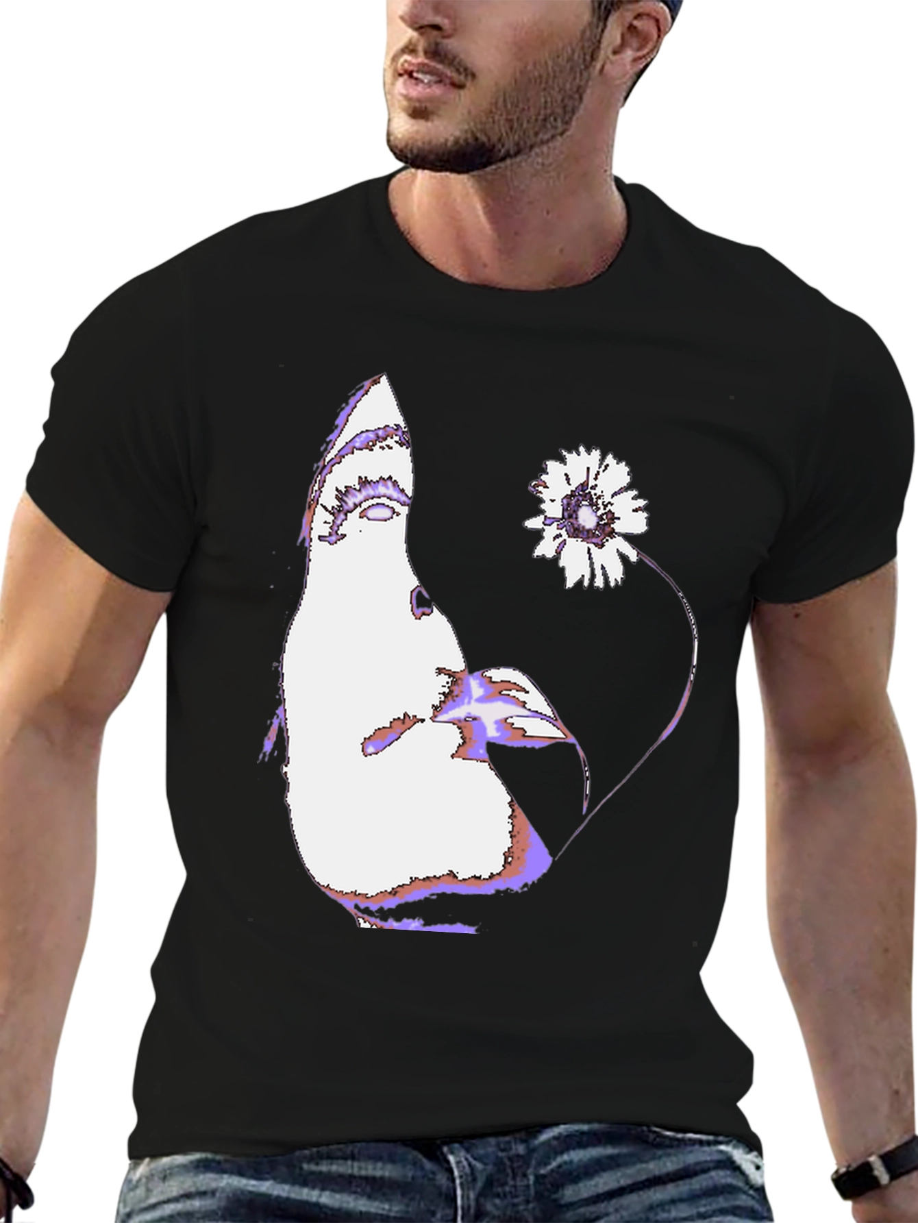 Abstract Face & Flower Graphic Black T-Shirt