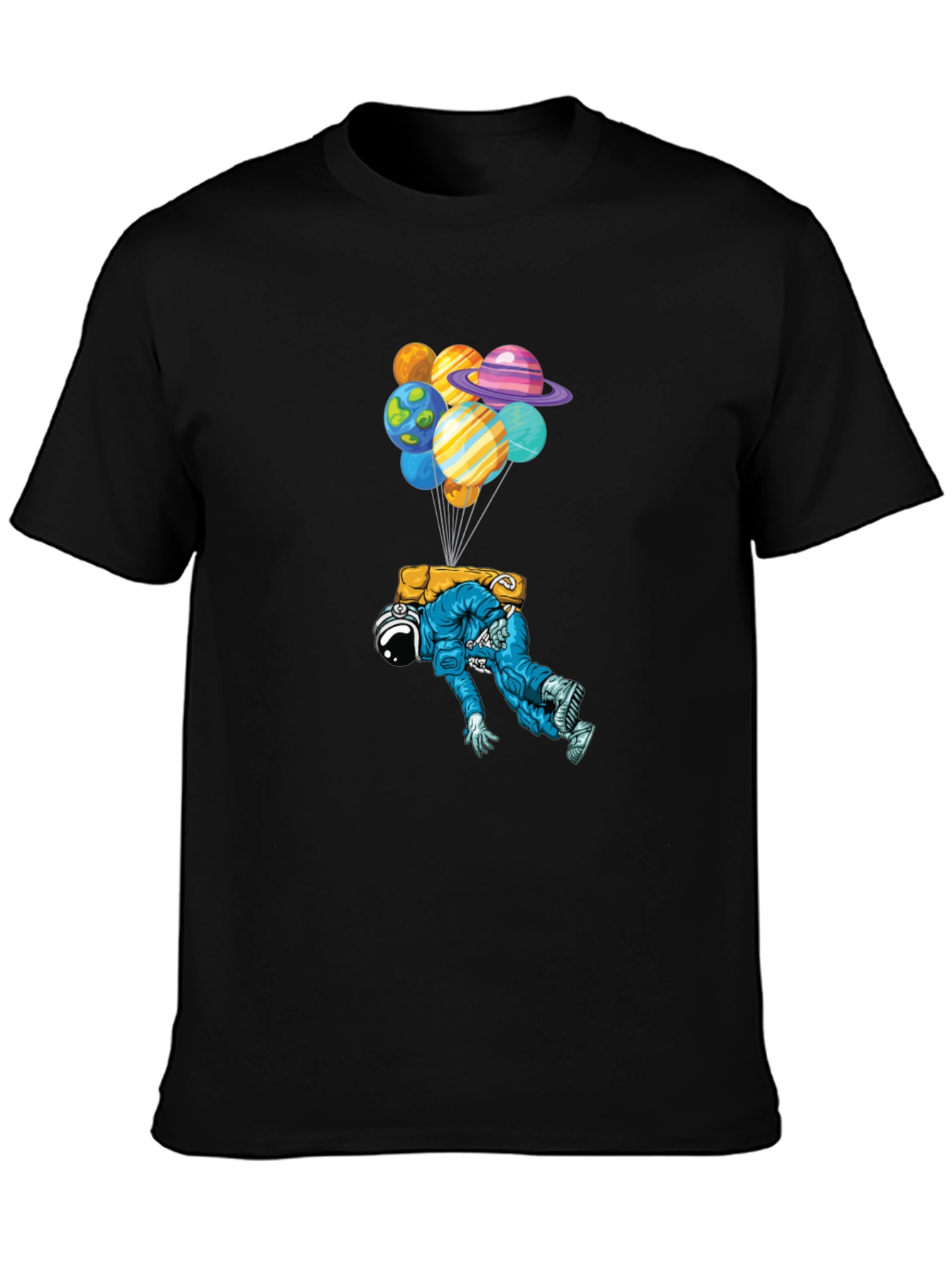 Astronaut Planet Balloons Black Graphic Tee