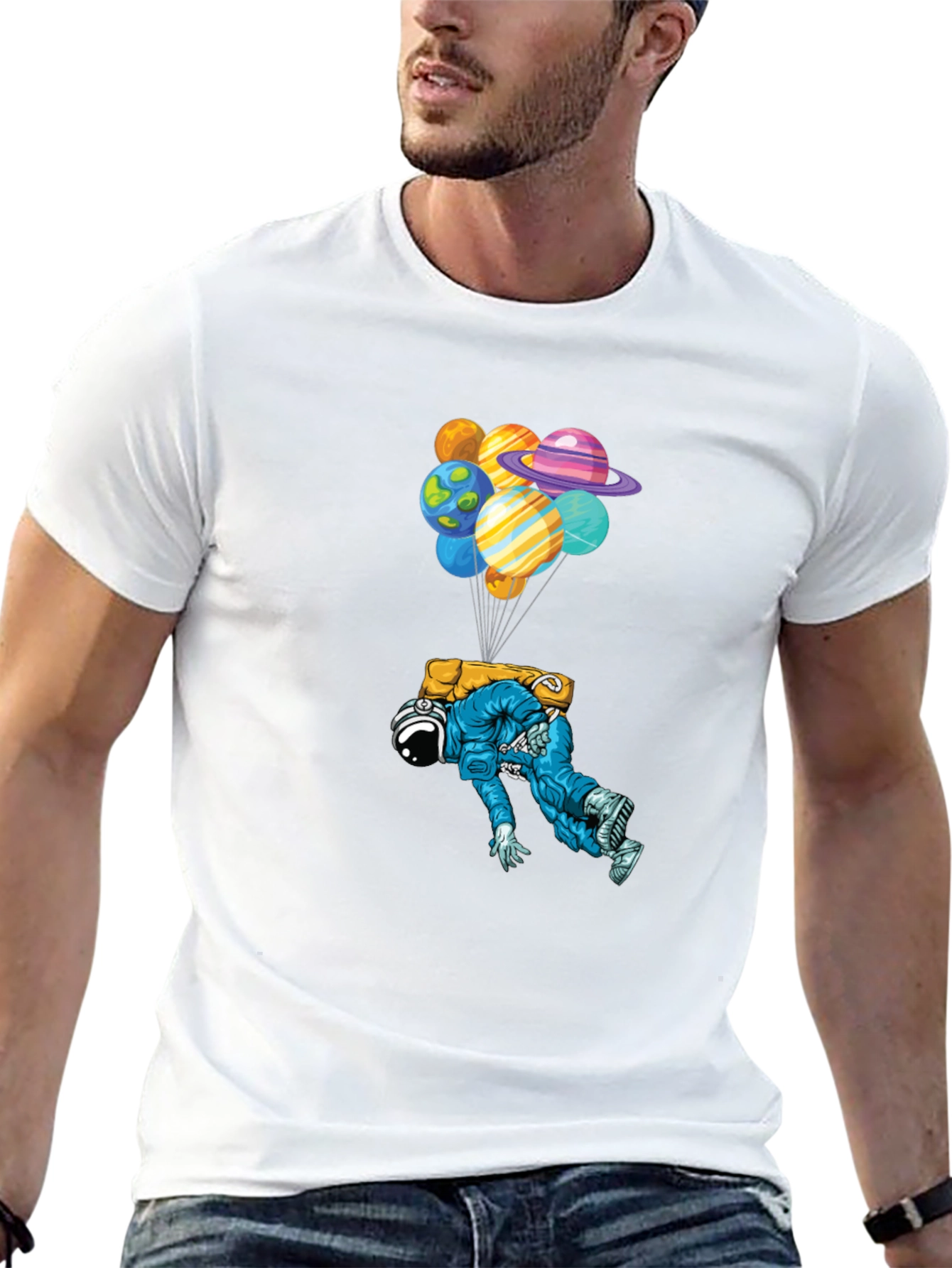 Astronaut Planet Balloons Black Graphic Tee