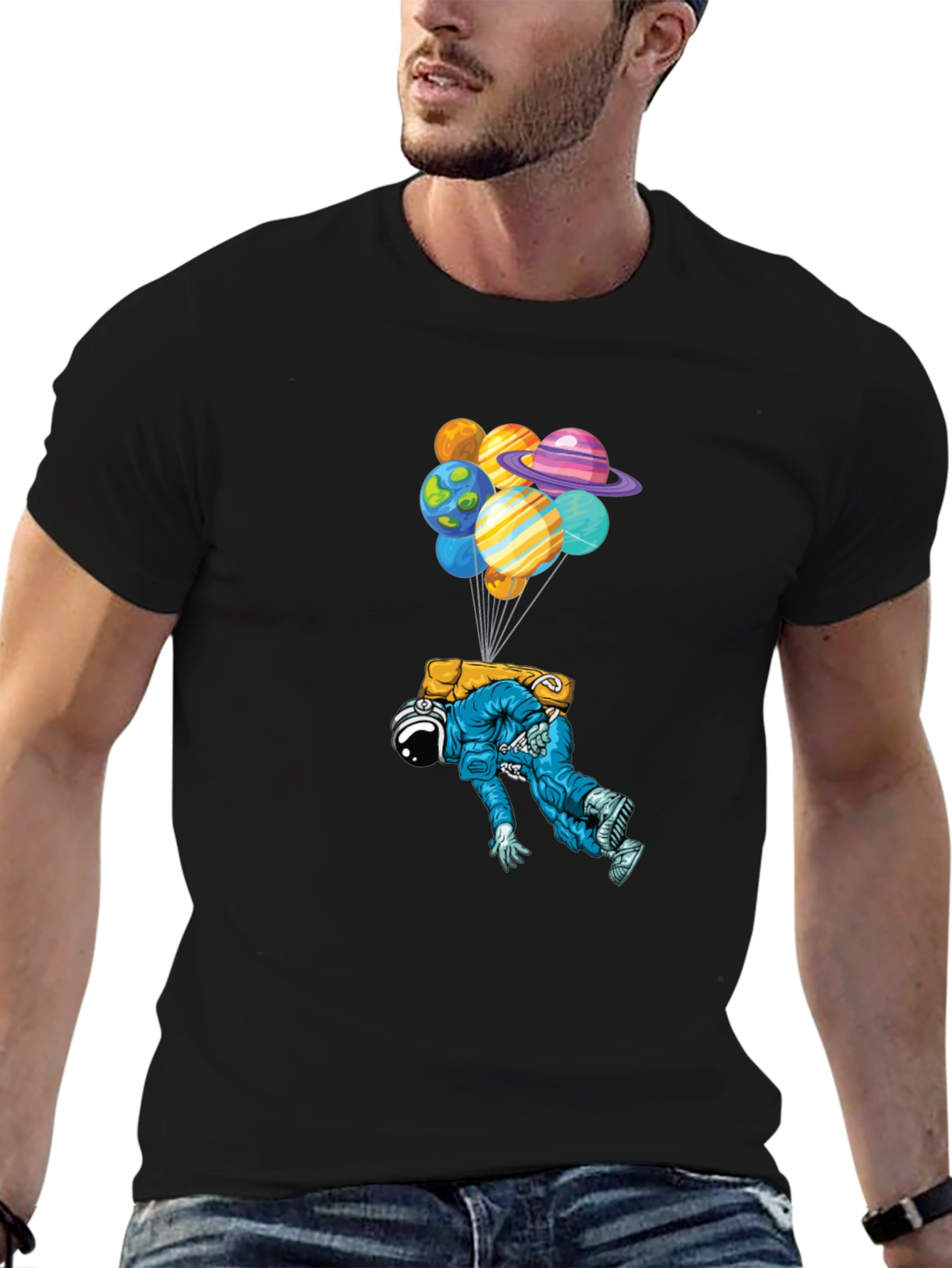 Astronaut Planet Balloons Black Graphic Tee