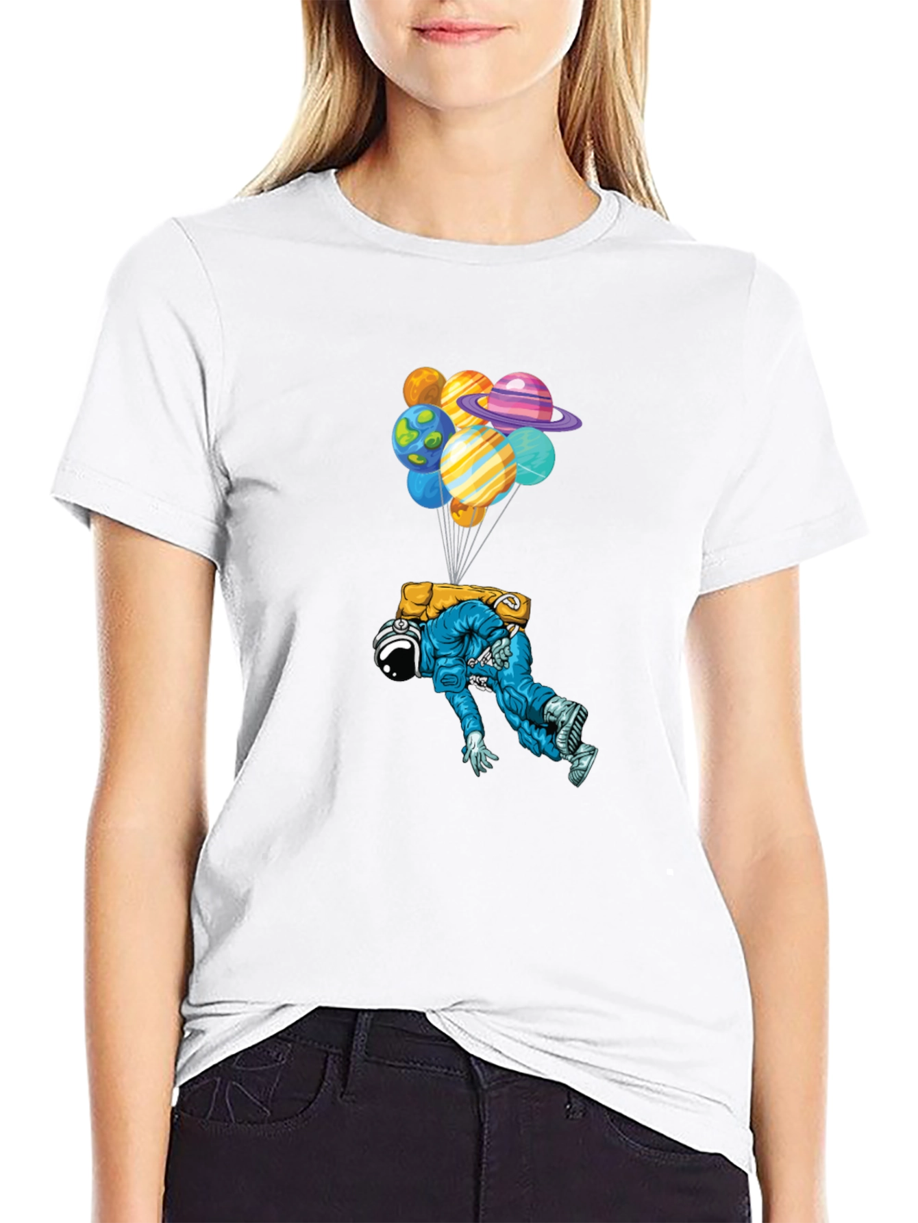 Astronaut Planet Balloons Black Graphic Tee