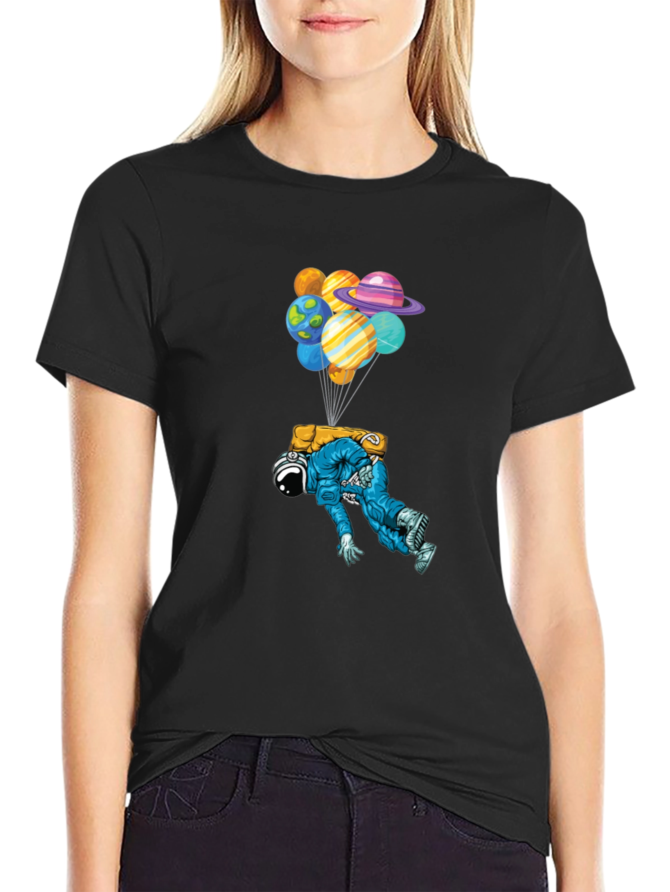Astronaut Planet Balloons Black Graphic Tee