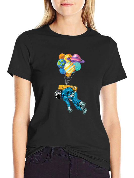 Astronaut Planet Balloons Black Graphic Tee