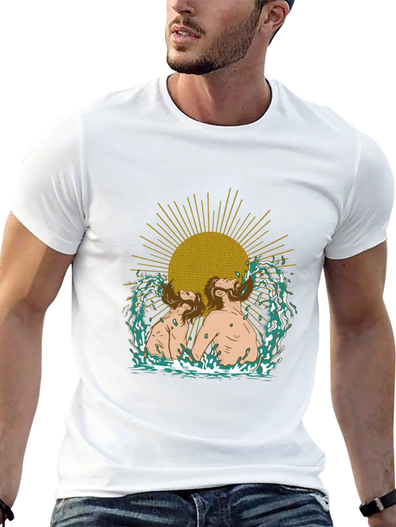 Mens Black Graphic T-Shirt - Sun and Water Design