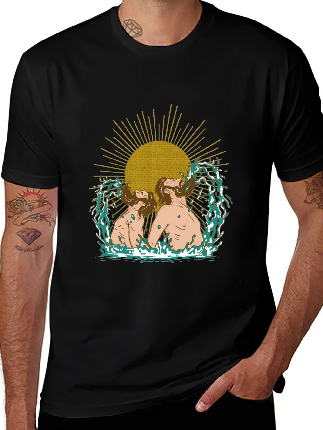 Mens Black Graphic T-Shirt - Sun and Water Design