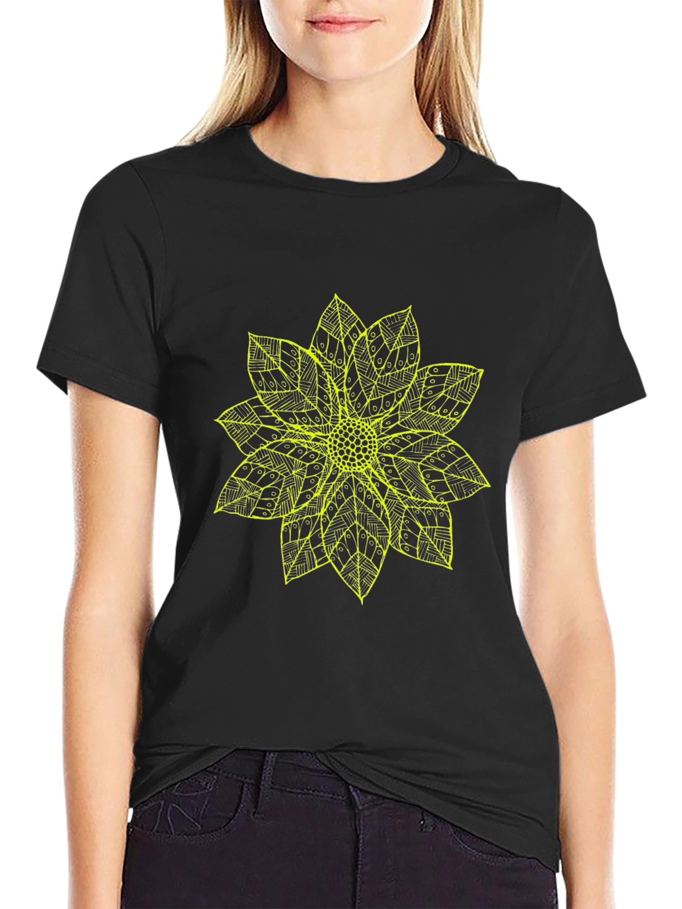 Black T-Shirt with Yellow Flower Design