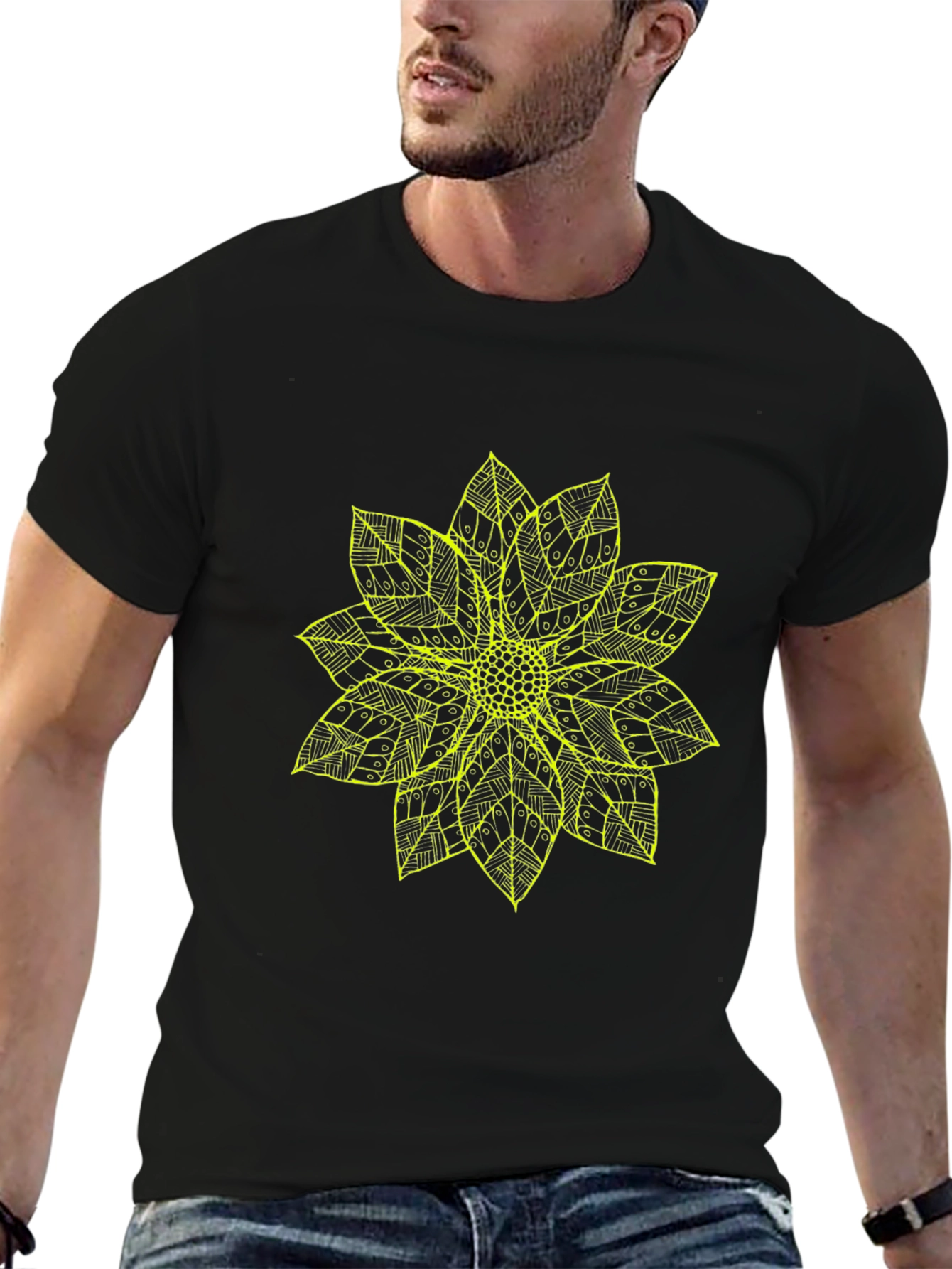 Black T-Shirt with Yellow Flower Design