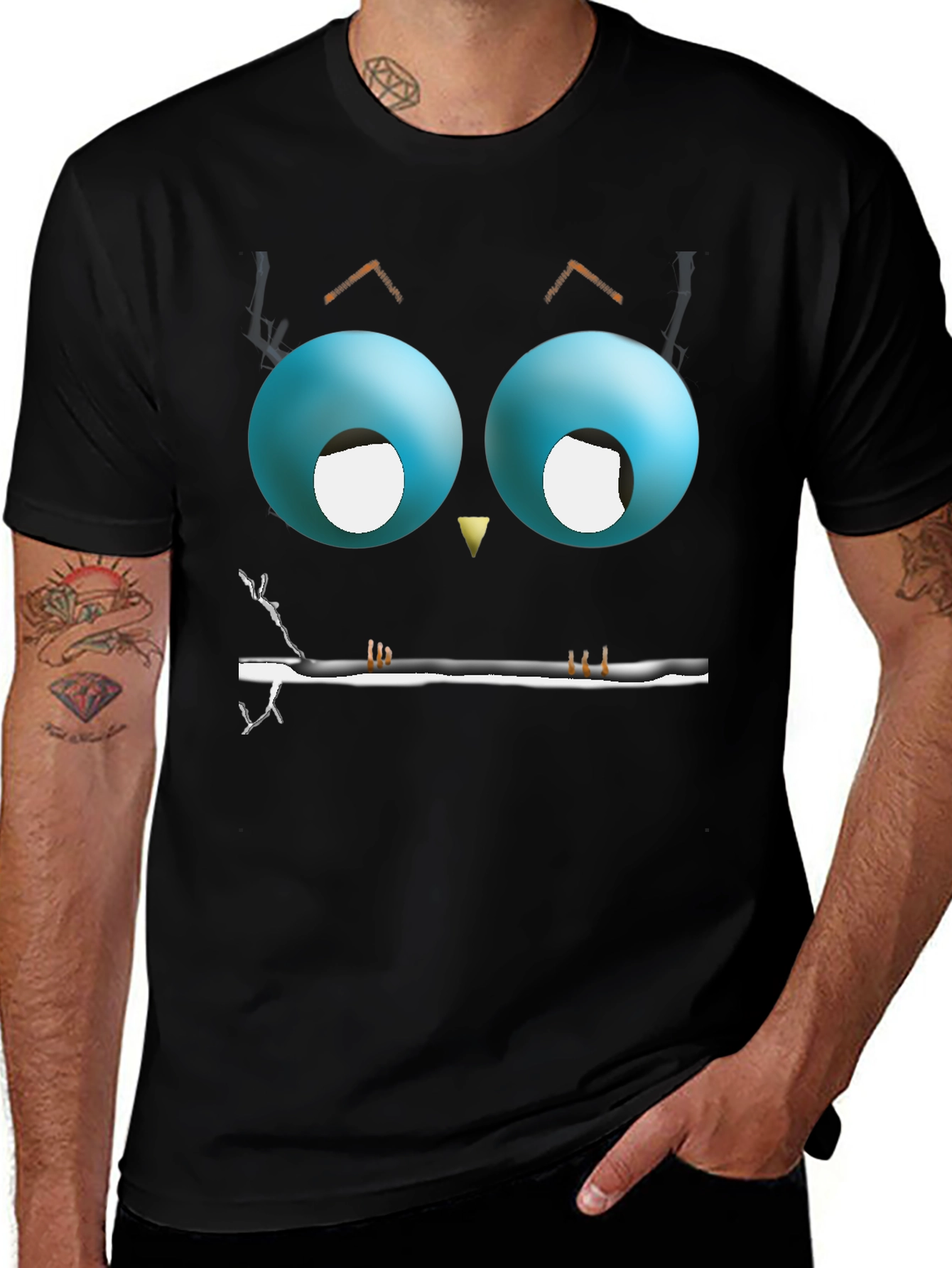 Cartoon Owl Eyes T-Shirt - Mens Black Graphic Tee