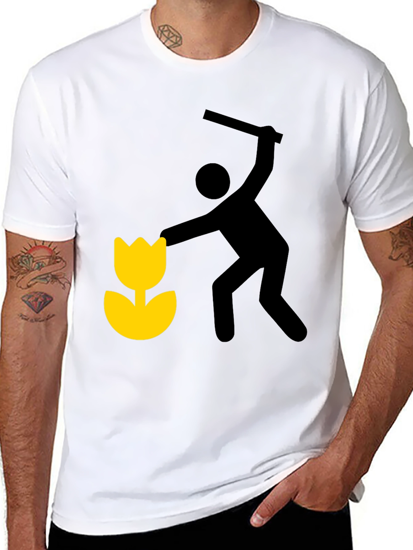 Whimsical Graphic Tee: Man Shattering Flower