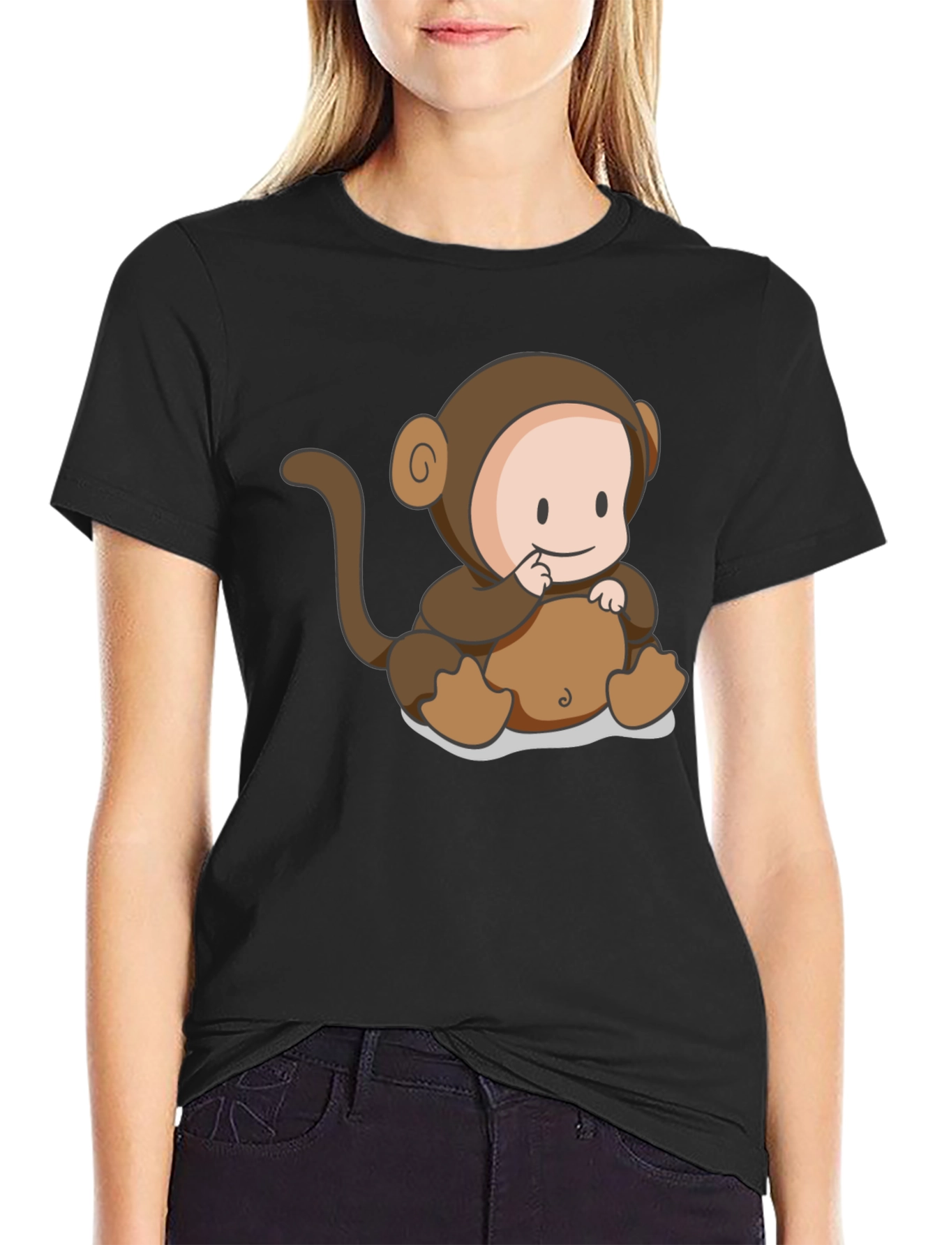 Cute Monkey Cartoon Black T-Shirt