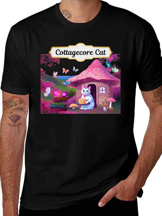 Cottagecore Cat T-Shirt - Mushroom House Graphic Tee