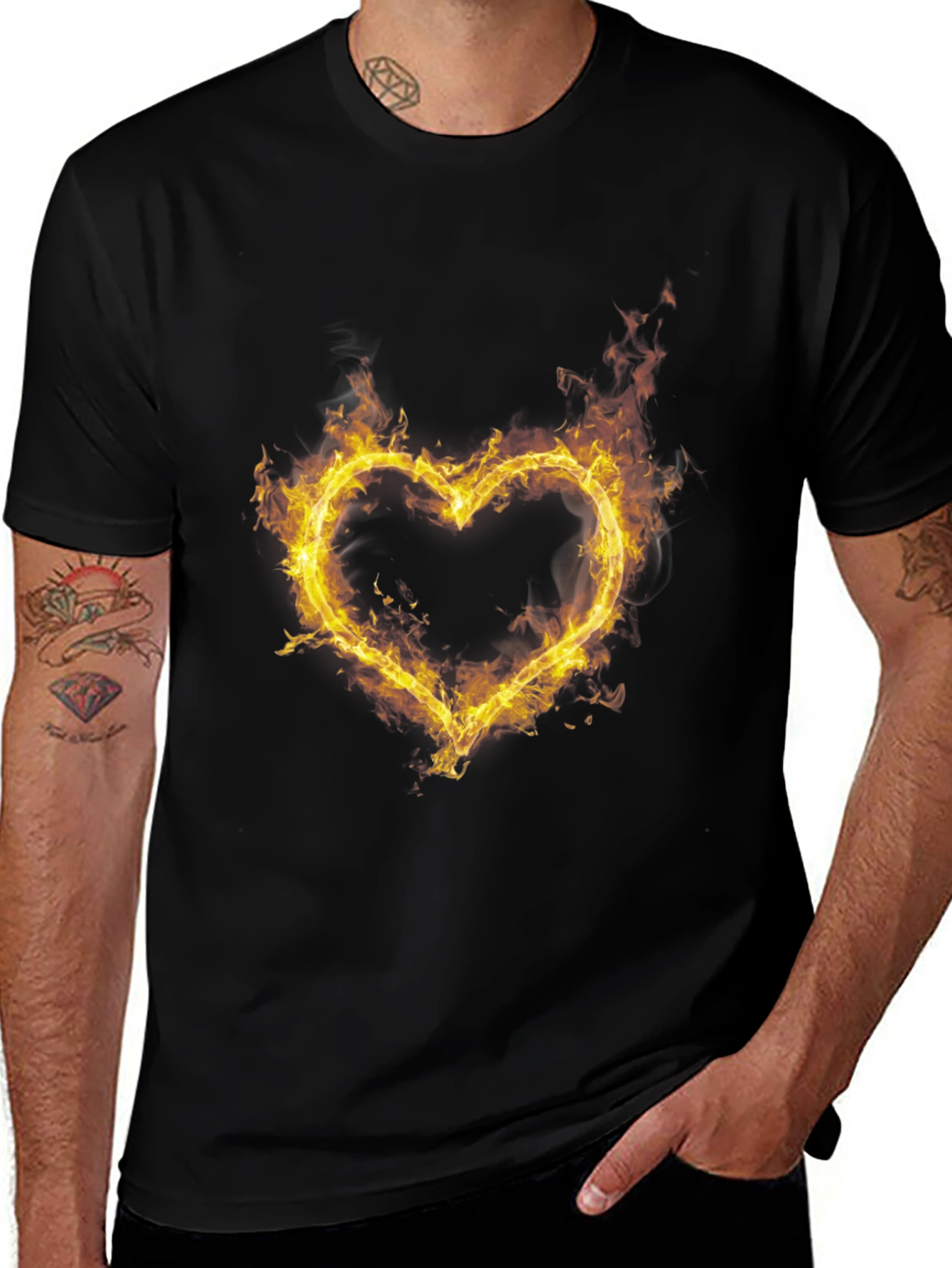 Fiery Heart Graphic Tee - Black Cotton T-Shirt