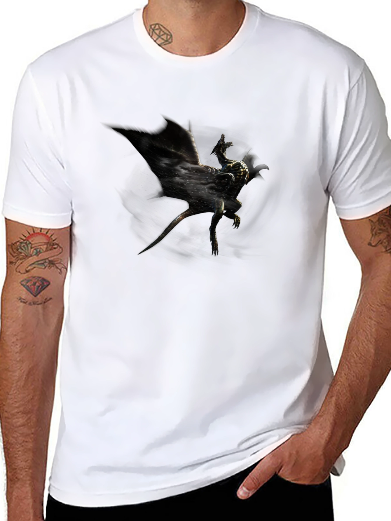 Mens Black Graphic Tee - Dragon Design
