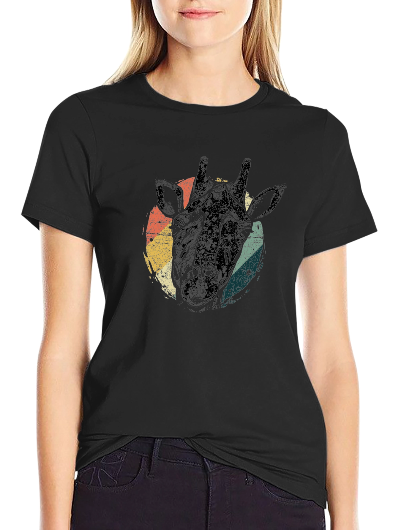 Retro Giraffe Head Graphic Tee - Black