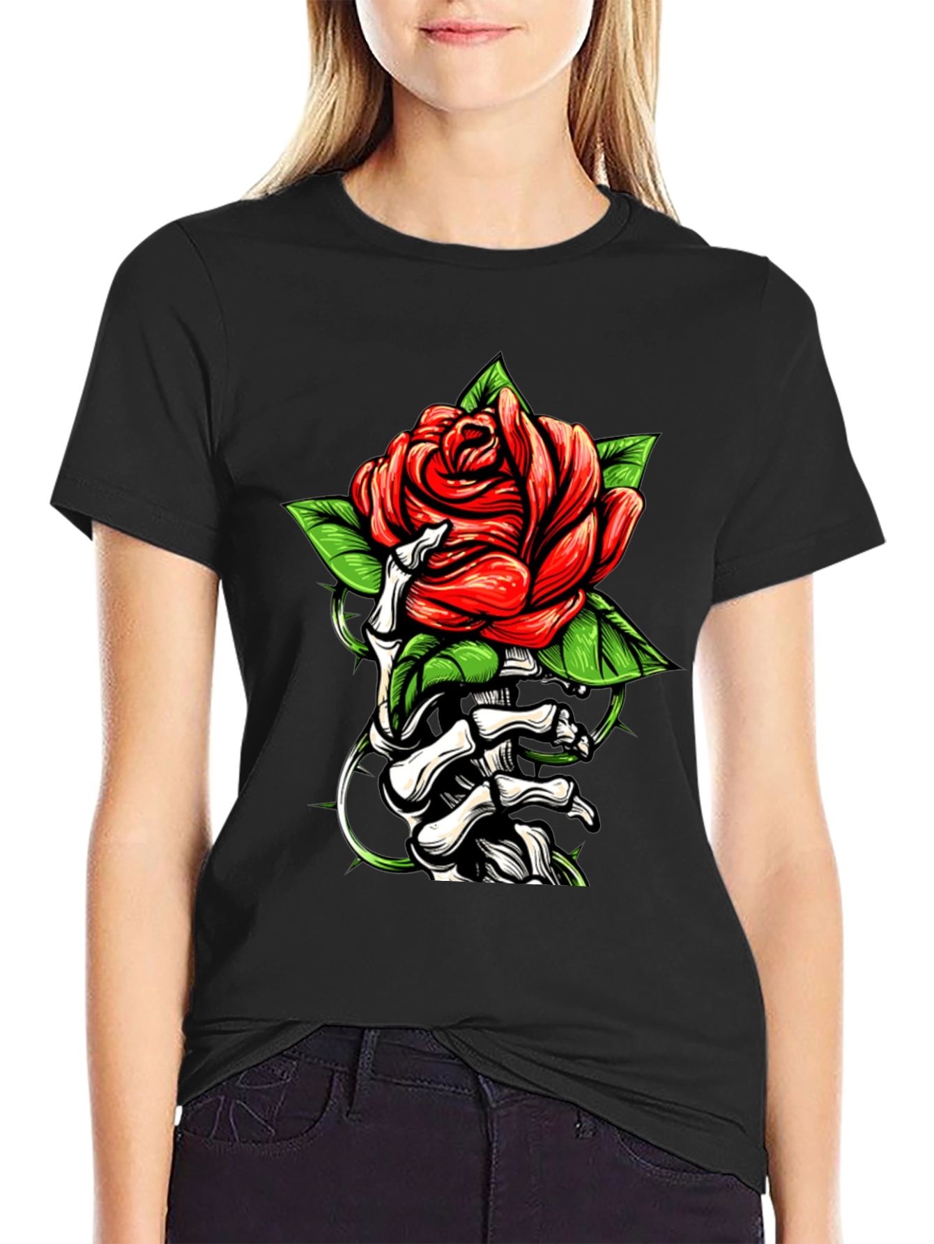 Rose & Bones Graphic Tee - Black Casual Shirt