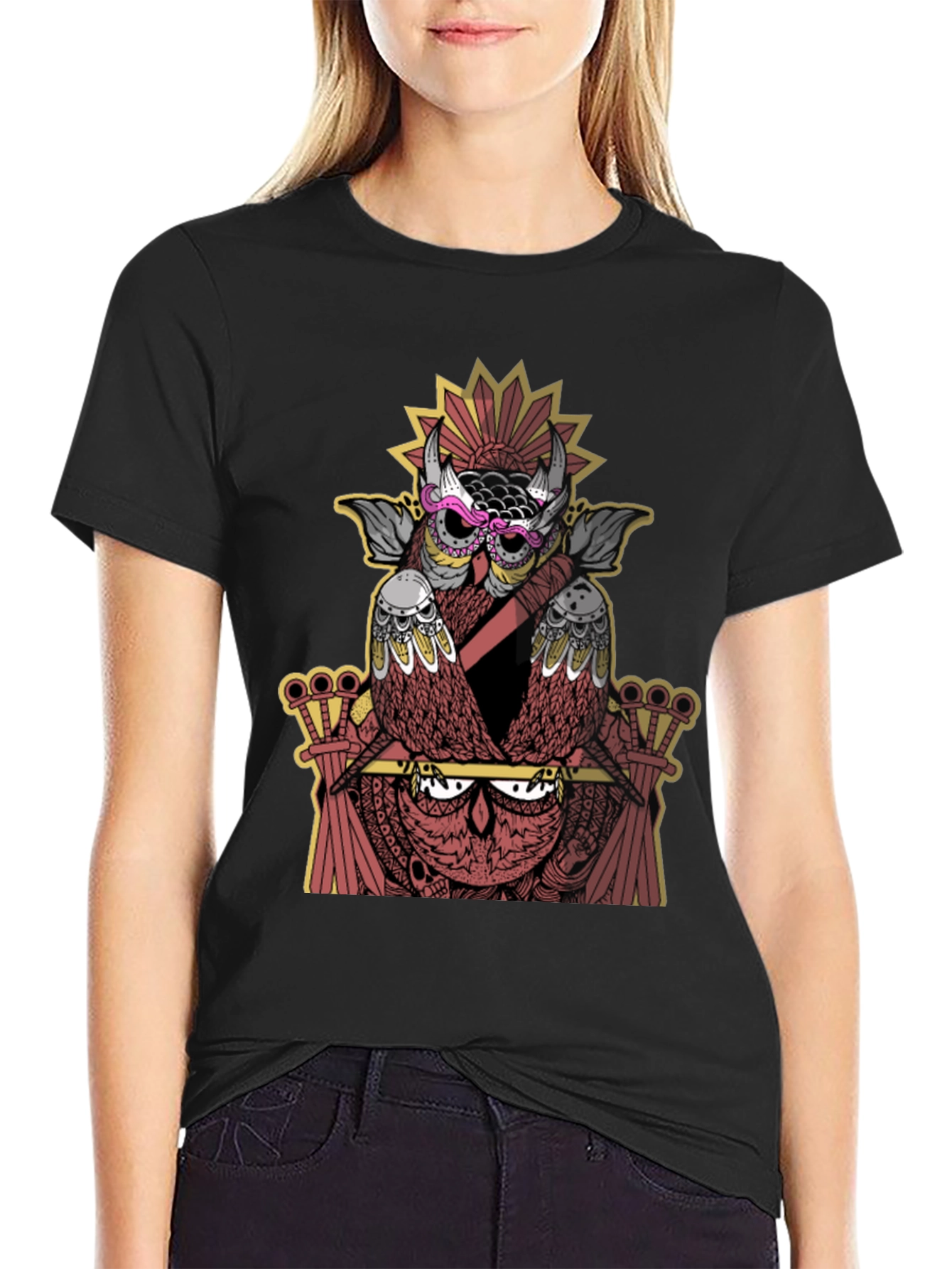 Owl Graphic Print Crew Neck T-Shirt - Black