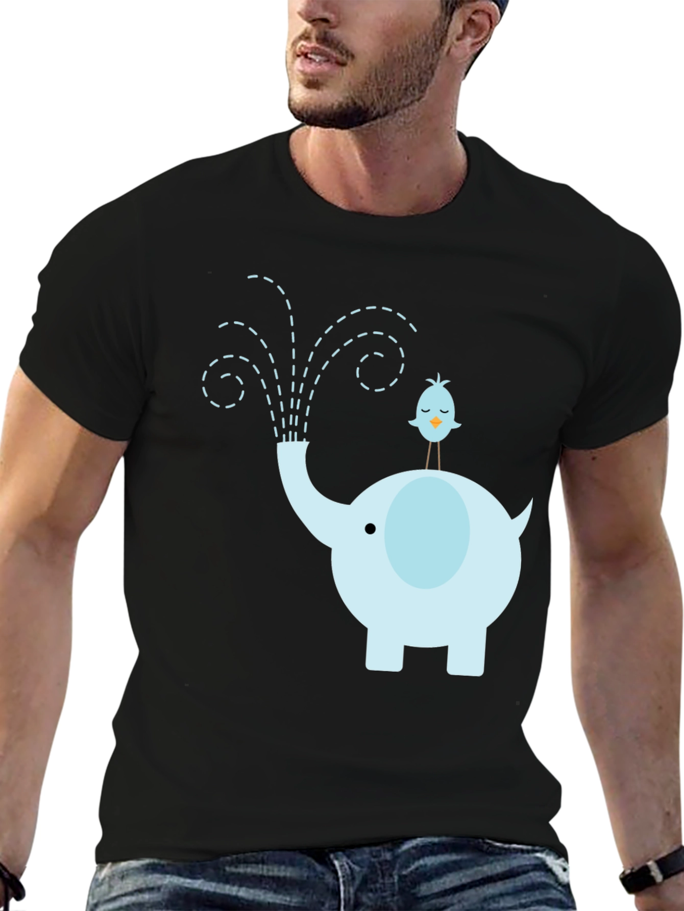 Elephant & Bird Graphic Tee - Whimsical Mens T-Shirt
