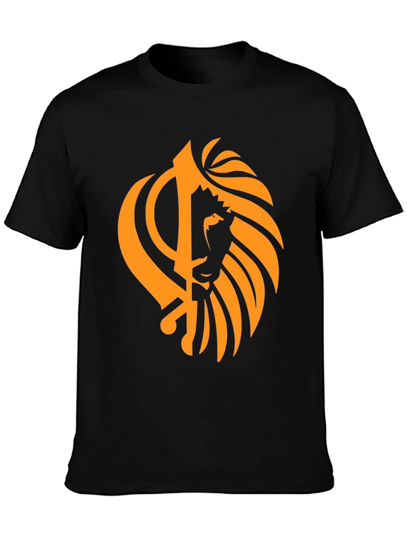 Black T-Shirt with Orange Khanda Lion Design