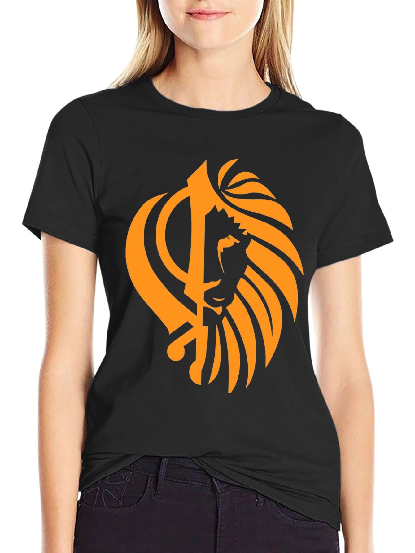 Black T-Shirt with Orange Khanda Lion Design