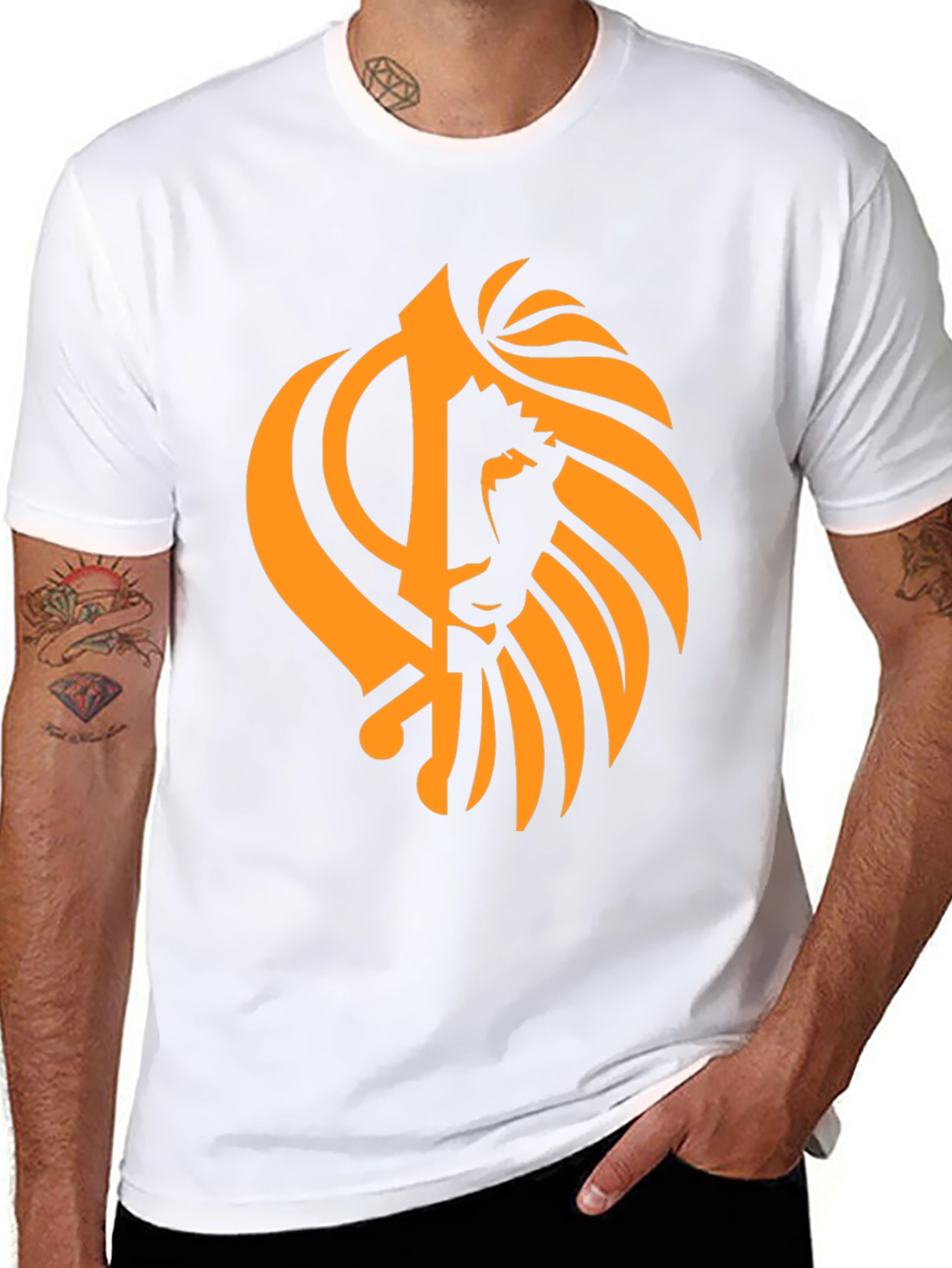 Black T-Shirt with Orange Khanda Lion Design