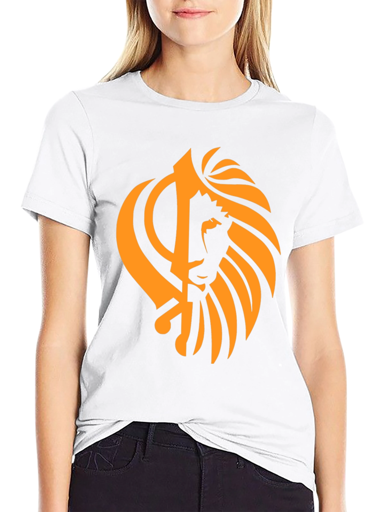 Black T-Shirt with Orange Khanda Lion Design