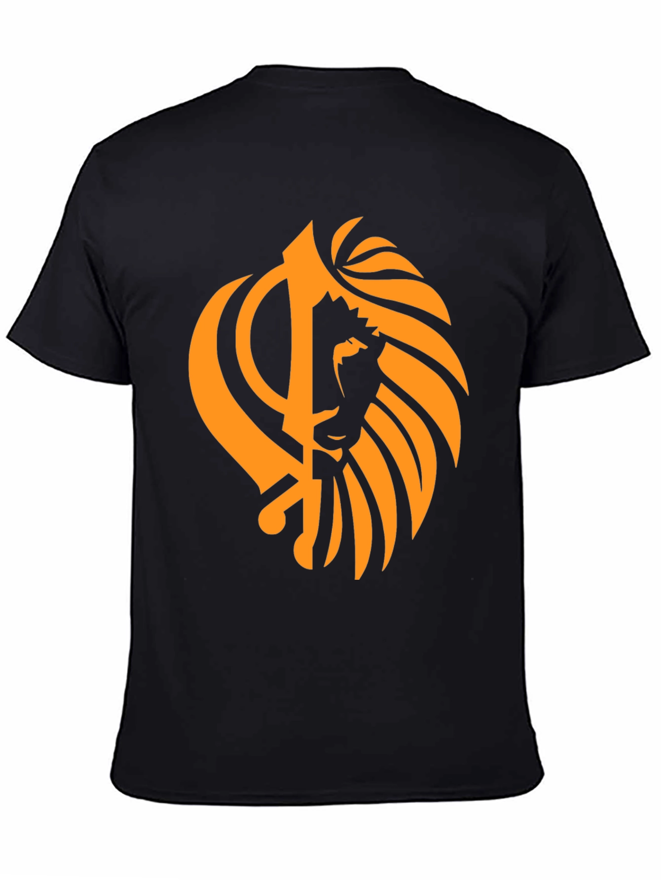 Black T-Shirt with Orange Khanda Lion Design