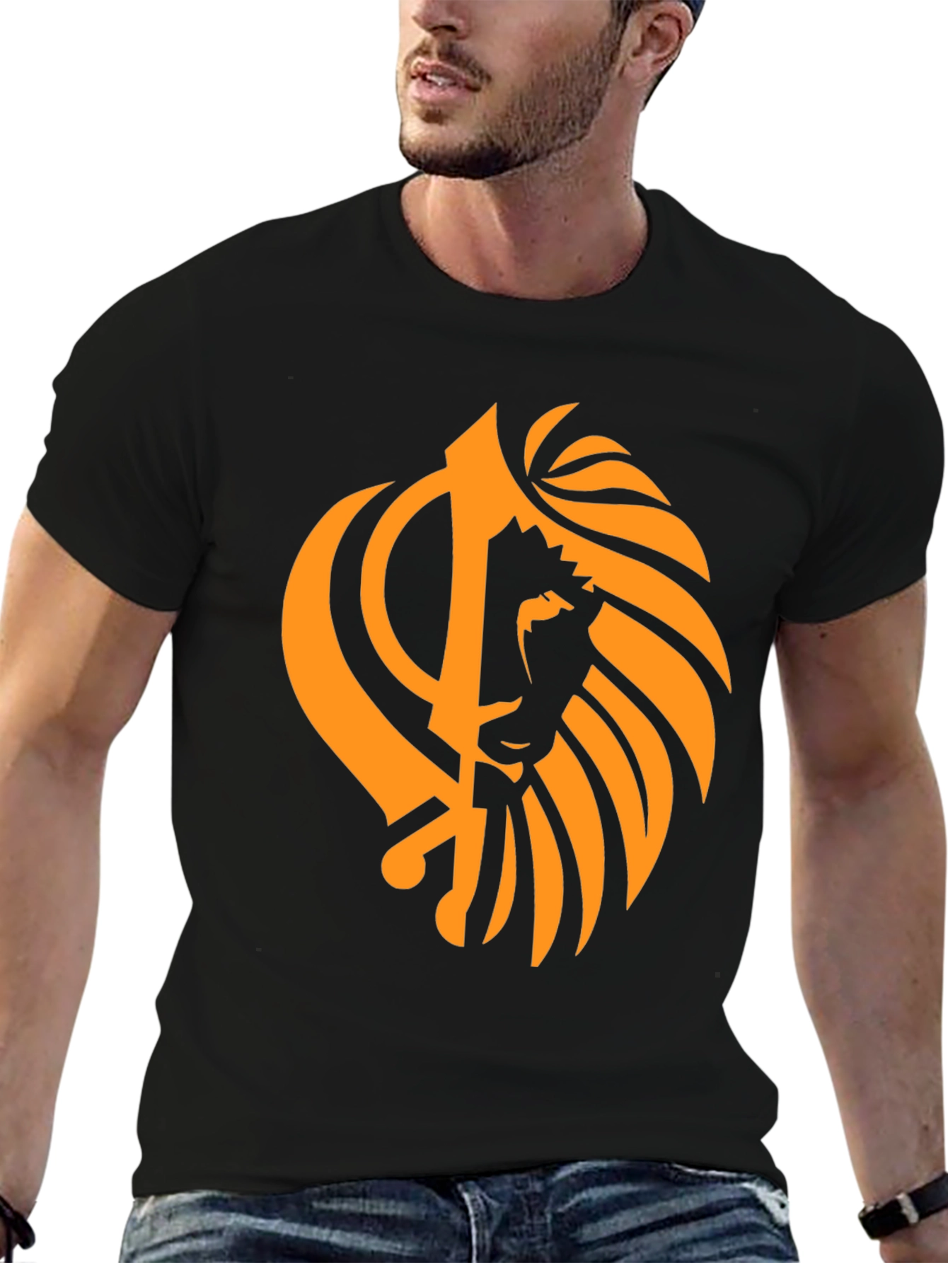 Black T-Shirt with Orange Khanda Lion Design
