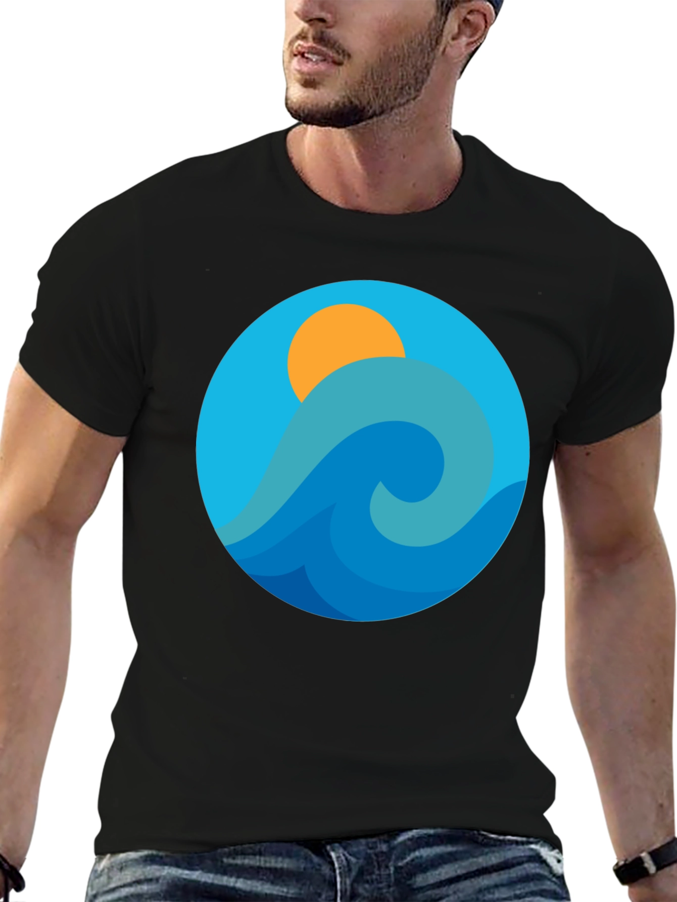 Ocean Wave Graphic Tee - Black Cotton Blend T-Shirt