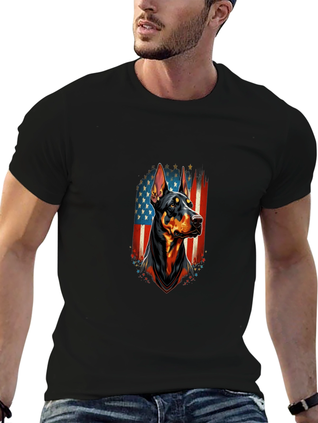 Doberman Dog American Flag Graphic T-Shirt