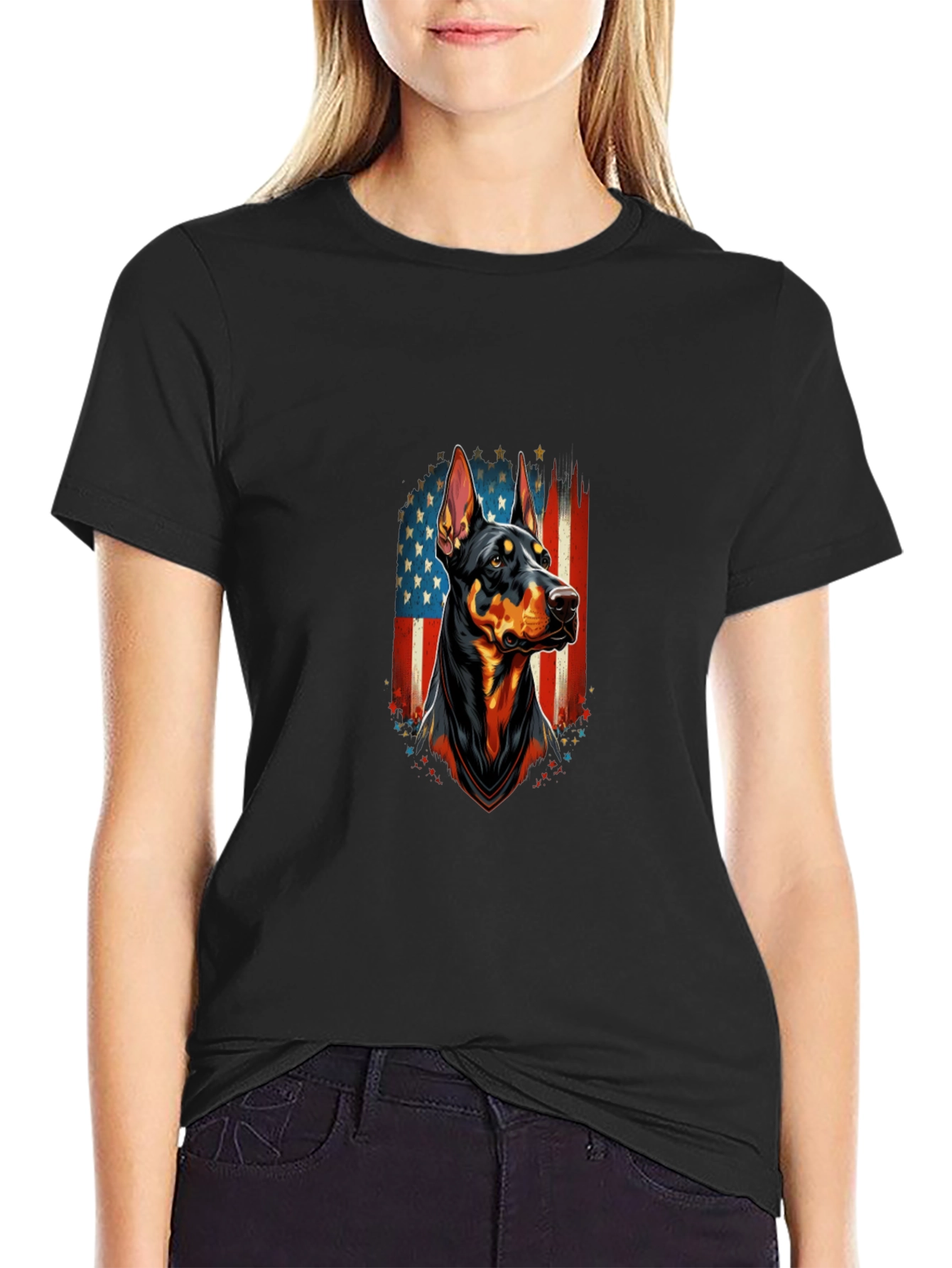 Doberman Dog American Flag Graphic T-Shirt