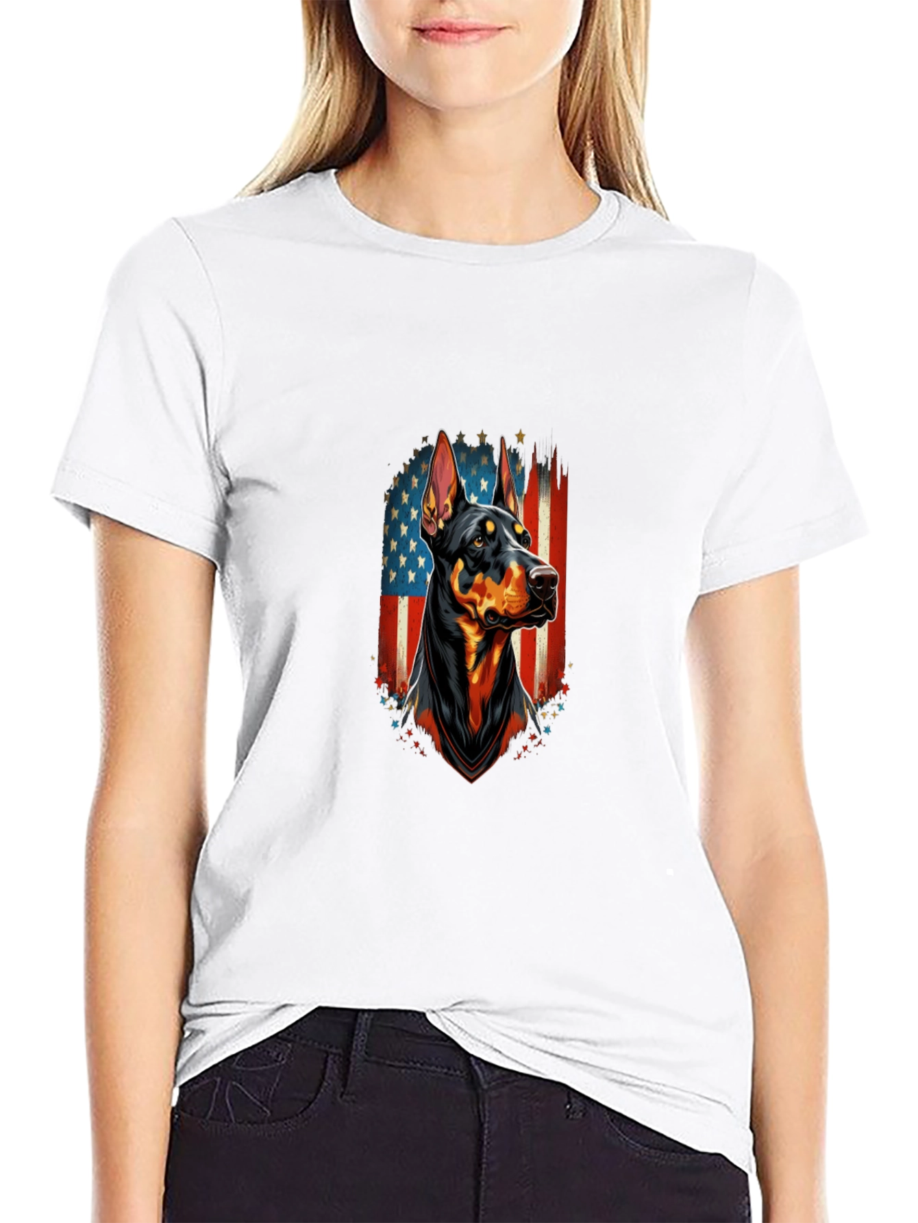 Doberman Dog American Flag Graphic T-Shirt