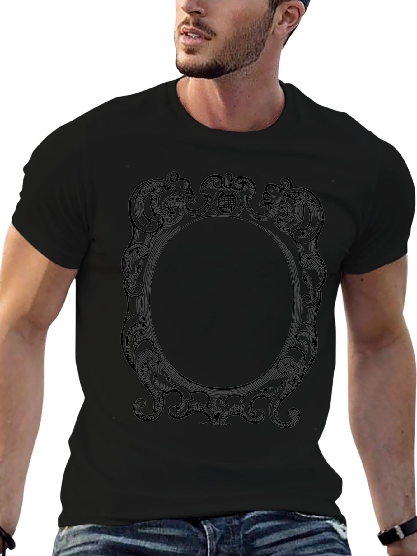 Elegant Framed Graphic Tee - Classic Black Cotton
