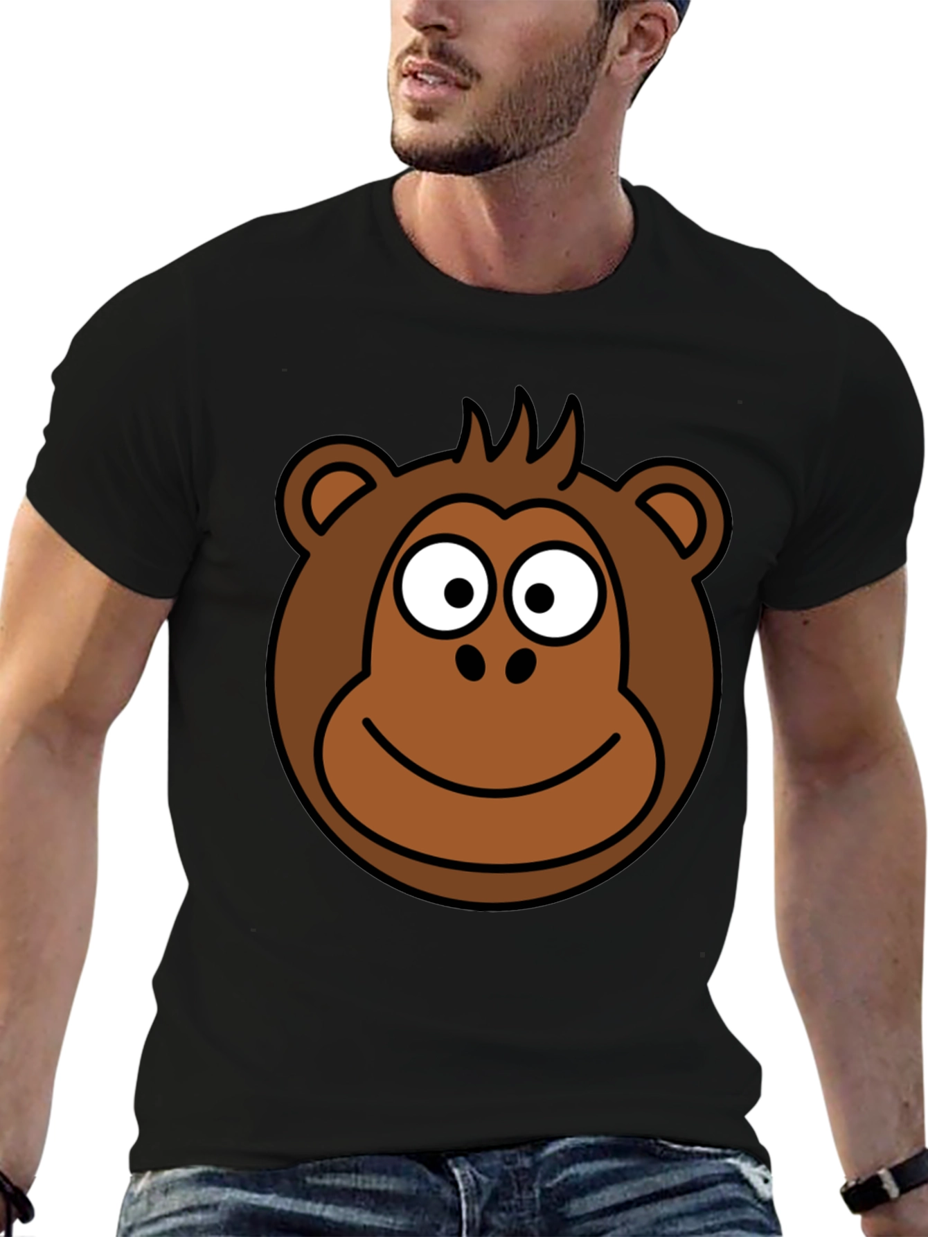 Cartoon Monkey Face Black T-Shirt
