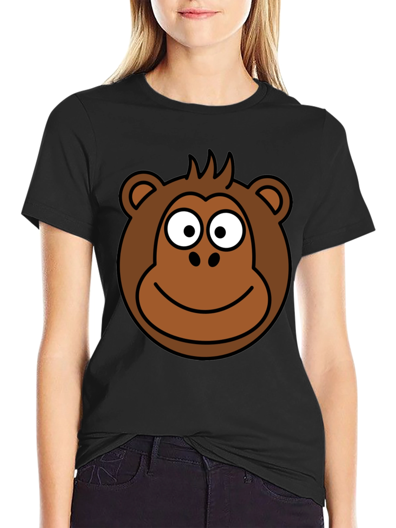 Cartoon Monkey Face Black T-Shirt