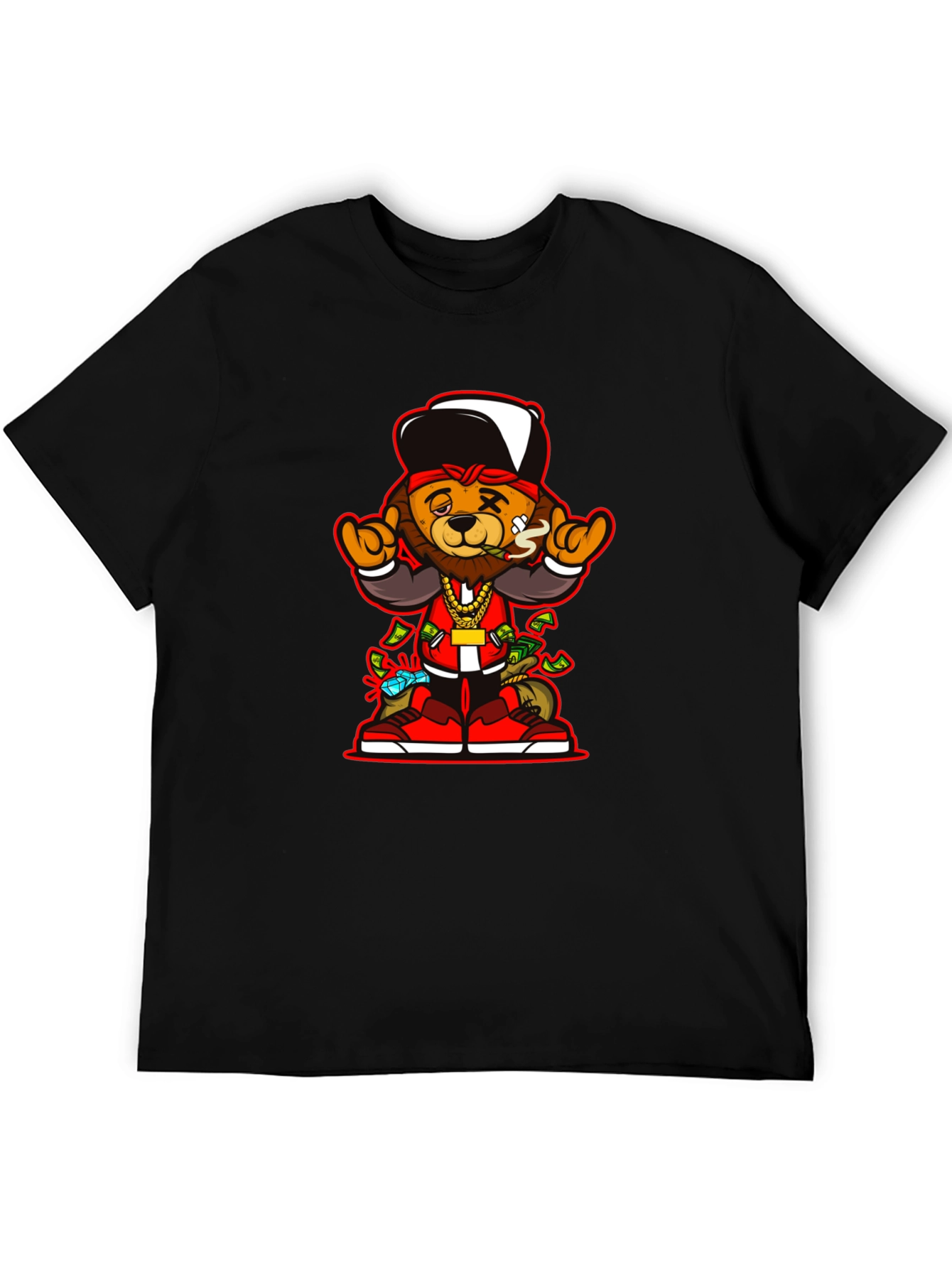 Cool Cartoon Bear Graphic Print Black T-Shirt