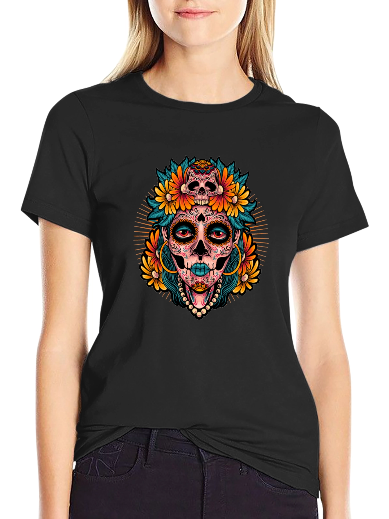 Sugar Skull Woman Graphic Black T-Shirt
