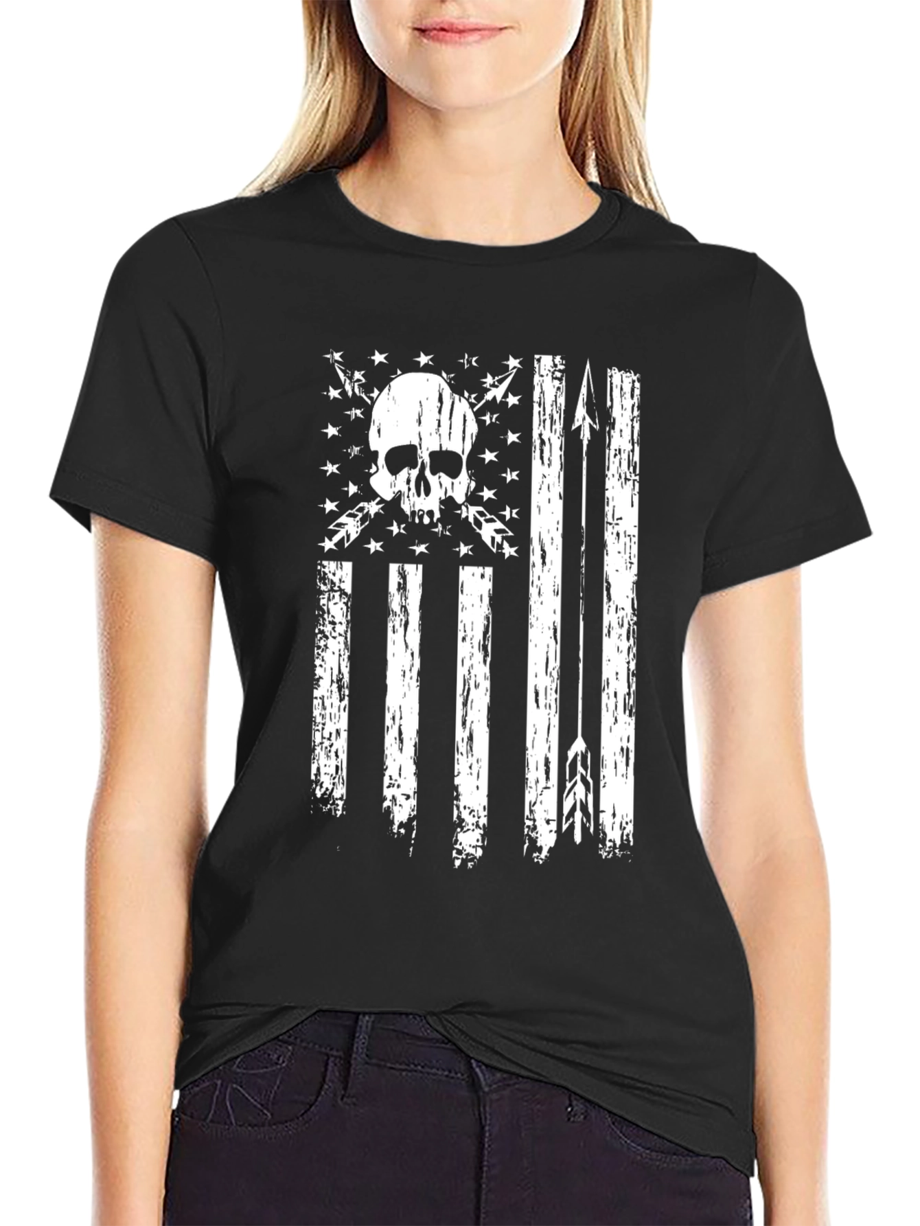 Skull & Arrows Distressed American Flag Graphic T-Shirt